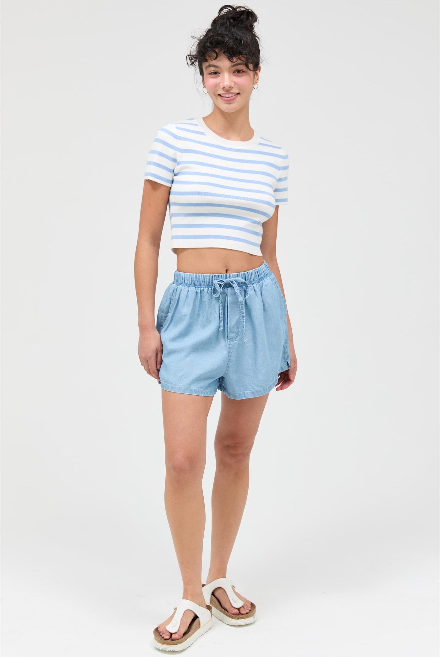 Wholesale Striped And Knit Crew Neck Crop Top Clothing Tops DZ26A139 ICE BLUE DOUBLE ZERO