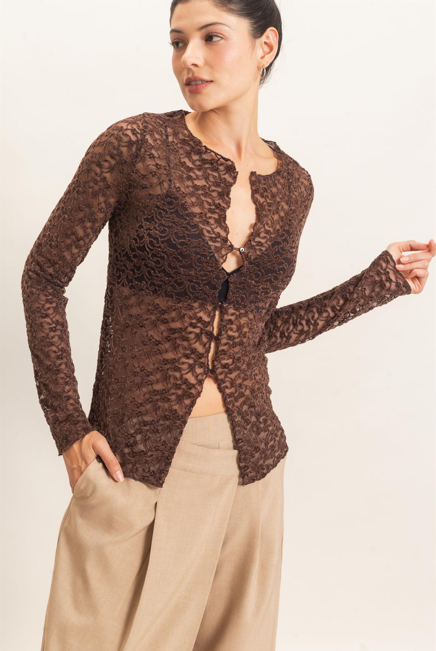 Wholesale Flocked Lace Long Sleeve Cardigan Clothing Tops HF26E415 CHOCOLATE HYFVE