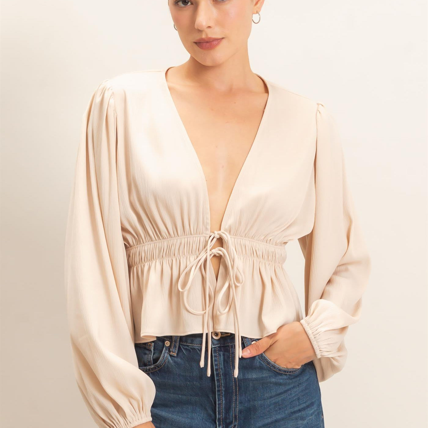 Wholesale Plunging Tie-Front Blouse Blouses HF26F082 CHAMPAGNE HYFVE