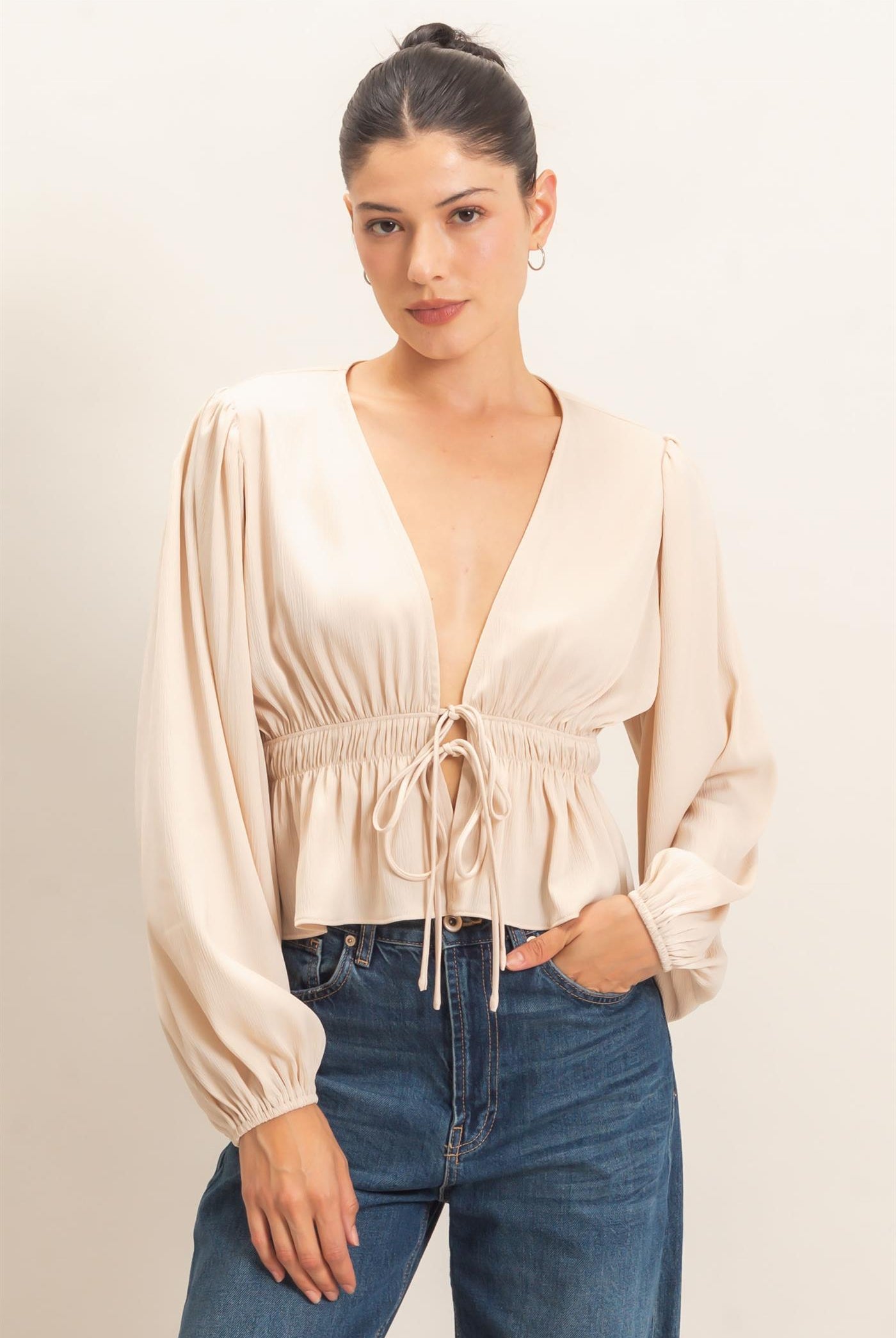 Wholesale Plunging Tie-Front Blouse Blouses HF26F082 CHAMPAGNE HYFVE