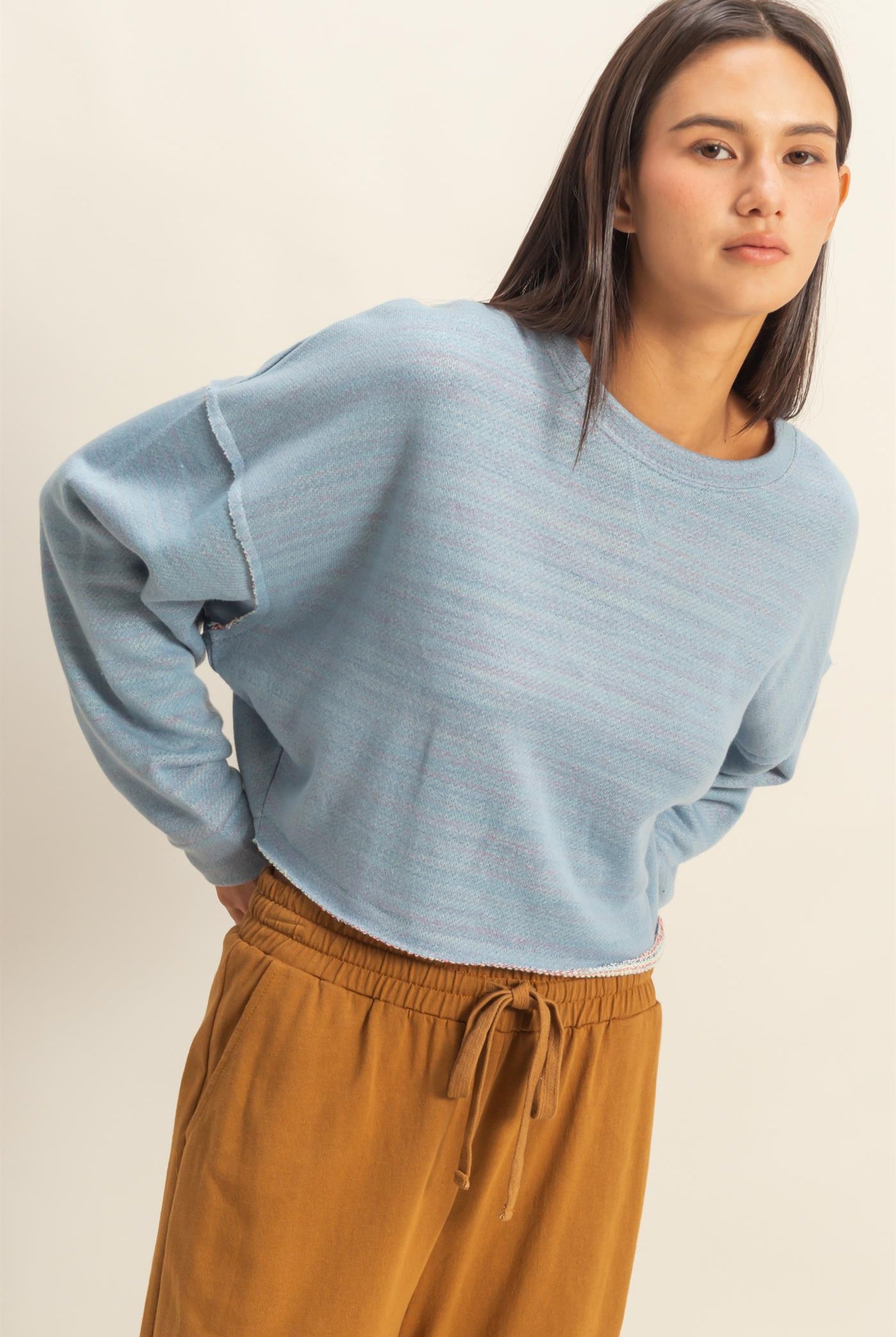 Wholesale Drop-Shoulder Cropped Top Clothing Tops DZ22G906 DUSTY BLUE DOUBLE ZERO