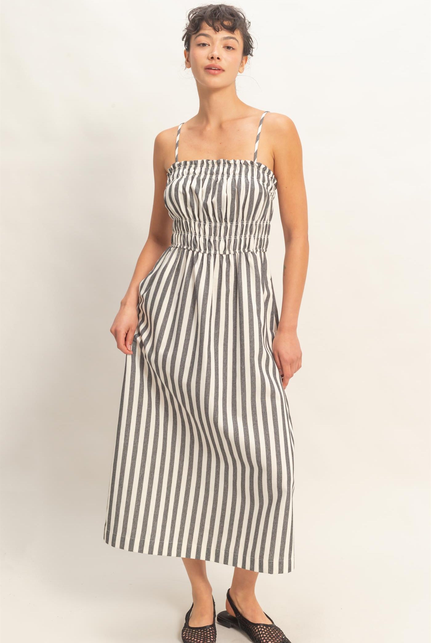 Wholesale Striped Spaghetti Strap Smocking Midi Dress Dresses DZ26C191 BLACK DOUBLE ZERO