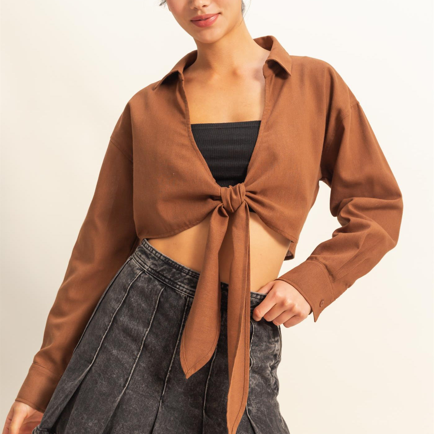 Wholesale Sand Washed Tie Front Crop Top Blouses DZ24C963 CHESTNUT DOUBLE ZERO