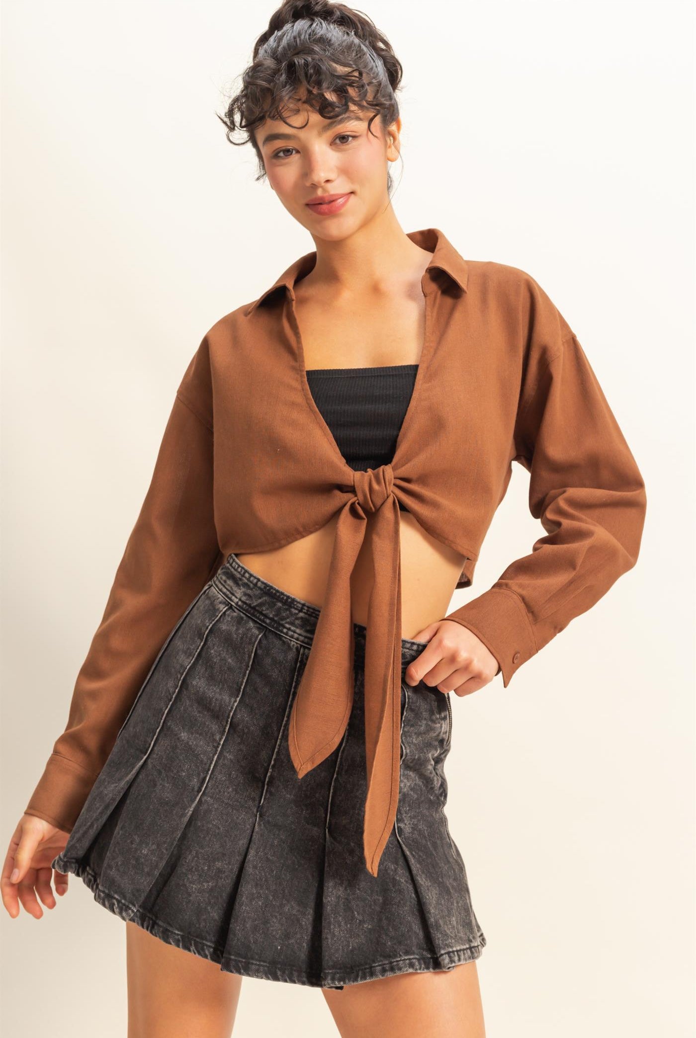 Wholesale Sand Washed Tie Front Crop Top Blouses DZ24C963 CHESTNUT DOUBLE ZERO