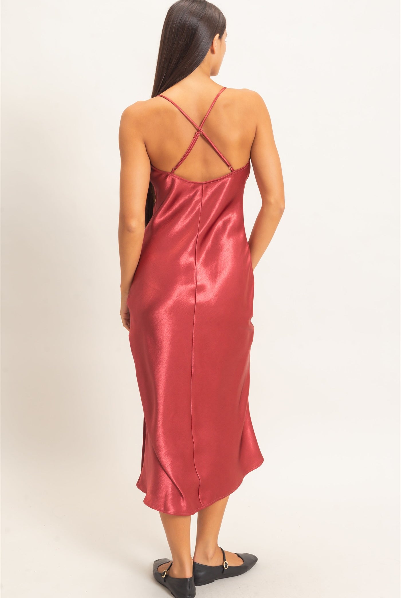 Wholesale Cowl Neck Satin Slip Dress Dresses DZ26E251 DARK RED DOUBLE ZERO