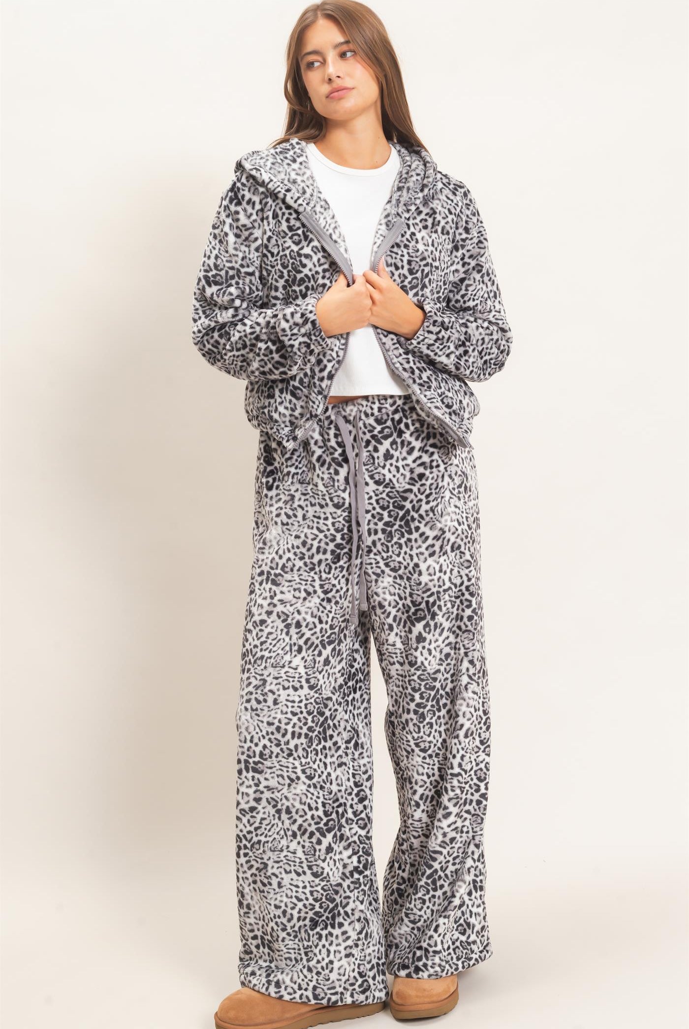 Wholesale Leopard Fleece Zip-Up Hoodie Hoodies DZ26E831 GRAY DOUBLE ZERO