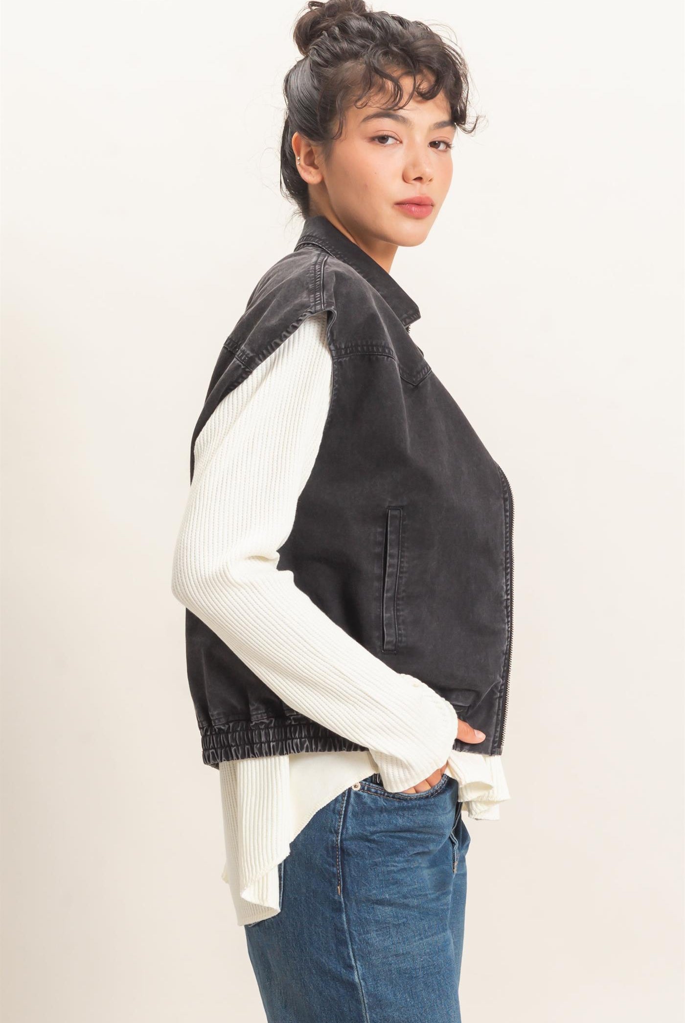 Wholesale Mineral Wash Sleeveless Zip-Up Collar Vest Vests DZ26E392 BLACK DOUBLE ZERO