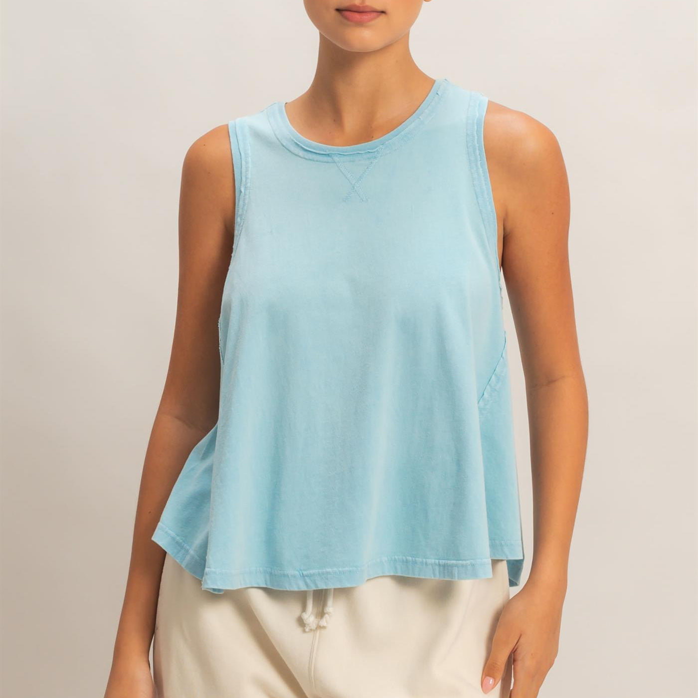 Wholesale Raw Edge Details Sleeveless Washed Top Clothing Tops DZ26E278 BLUE DOUBLE ZERO