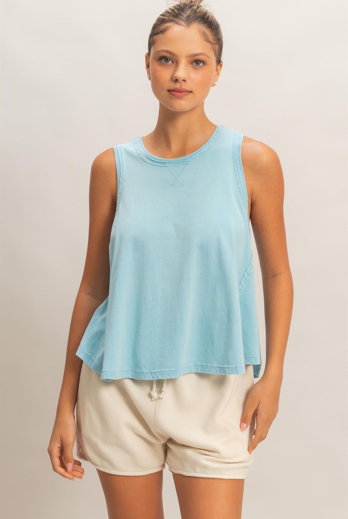 Wholesale Raw Edge Details Sleeveless Washed Top Clothing Tops DZ26E278 BLUE DOUBLE ZERO