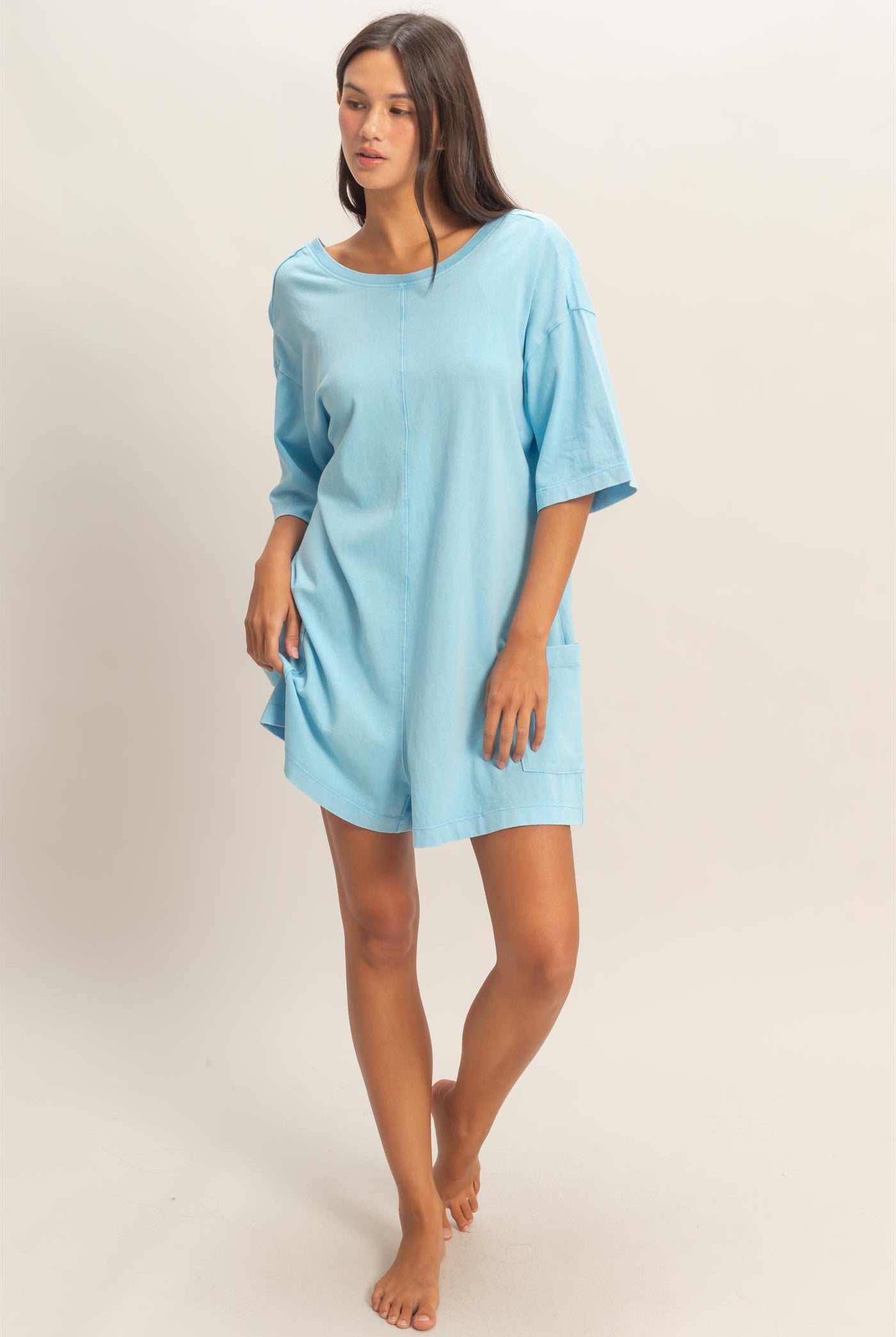 Wholesale Mineral Washed V-Back Romper Clothing DZ26A326 BLUE HYFVE