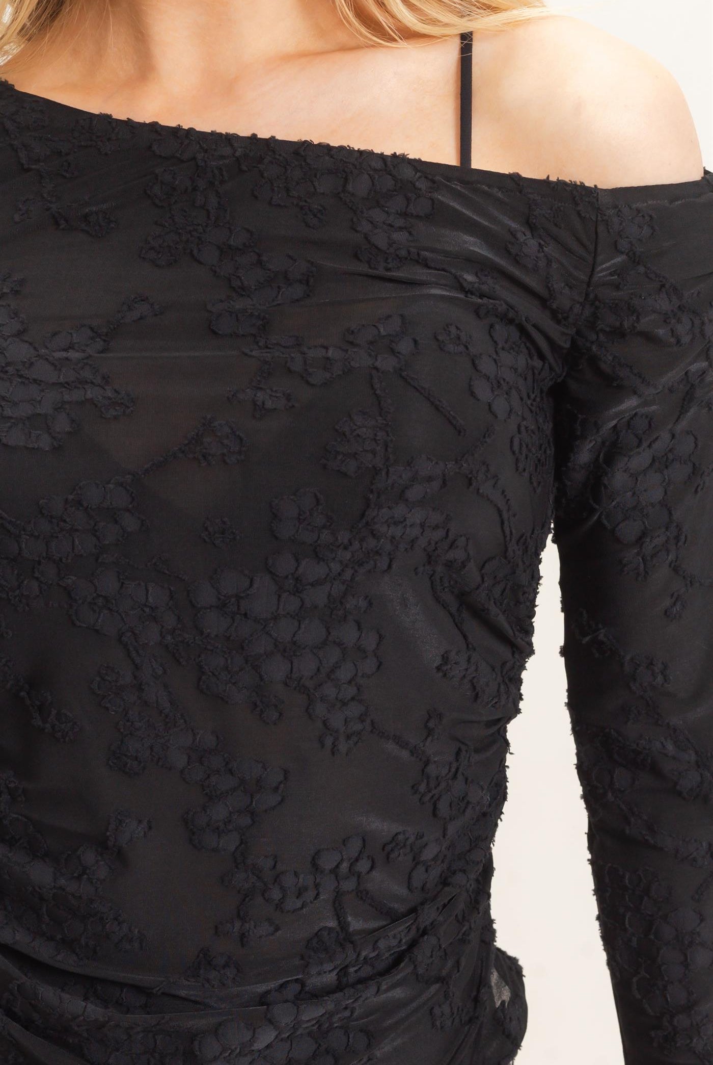 Wholesale Textured Mesh Off-Shoulder Top Blouses HF26F043 BLACK HYFVE