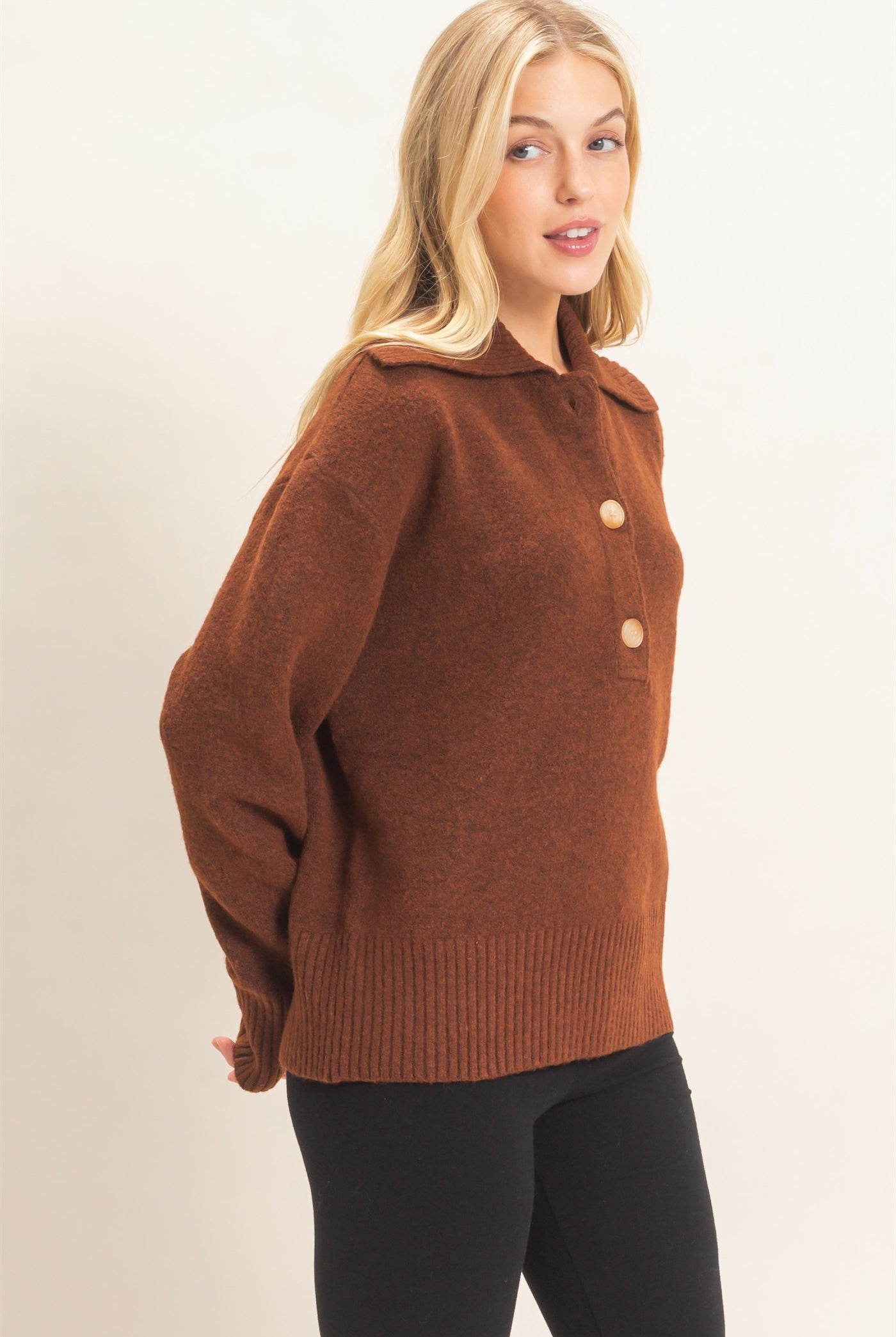 Wholesale Button-Up Collared Sweater Sweaters HF26E752 BROWN HYFVE