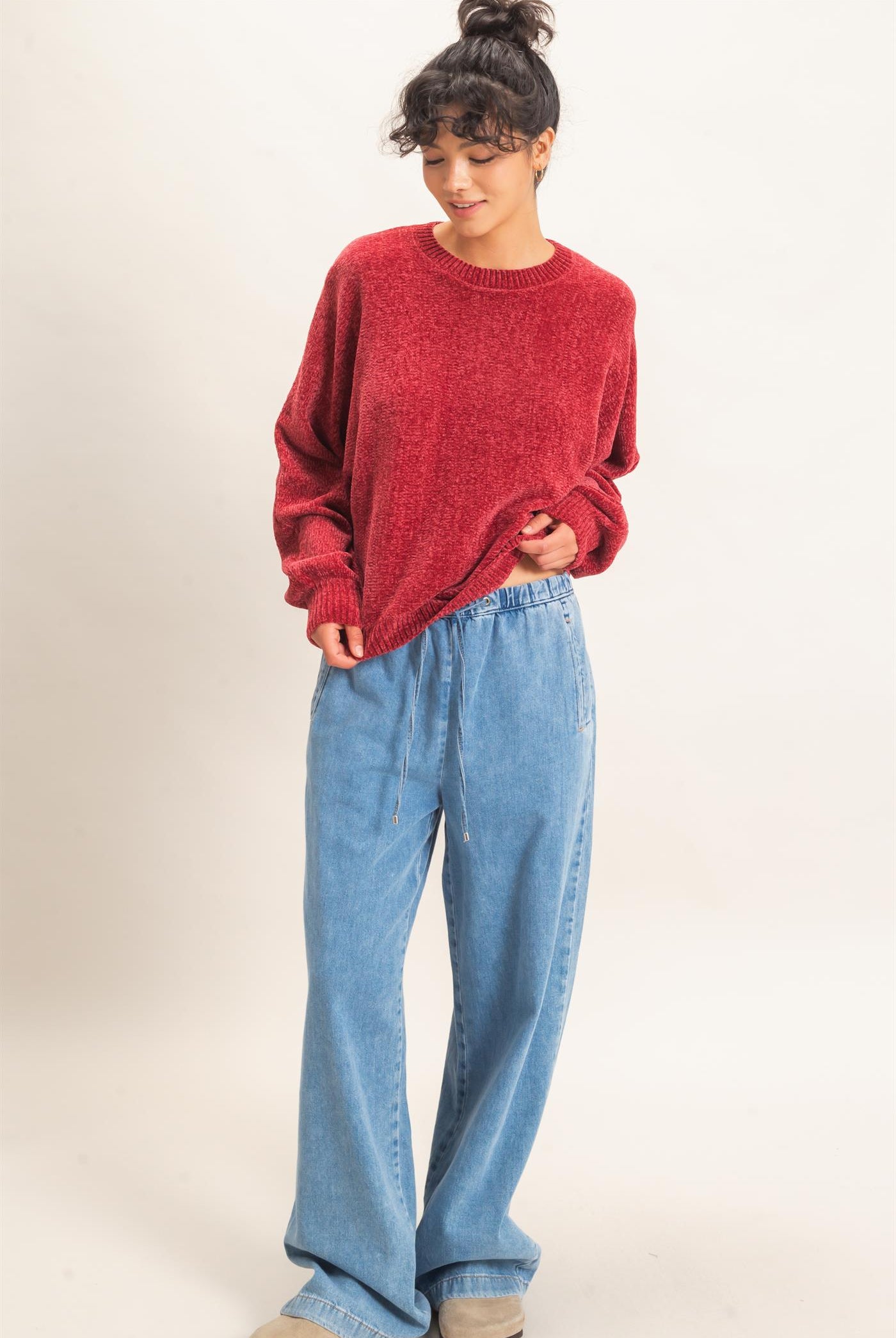 Wholesale Chenille Crew Neck Sweater Sweaters DZ26E264 DARK RED DOUBLE ZERO