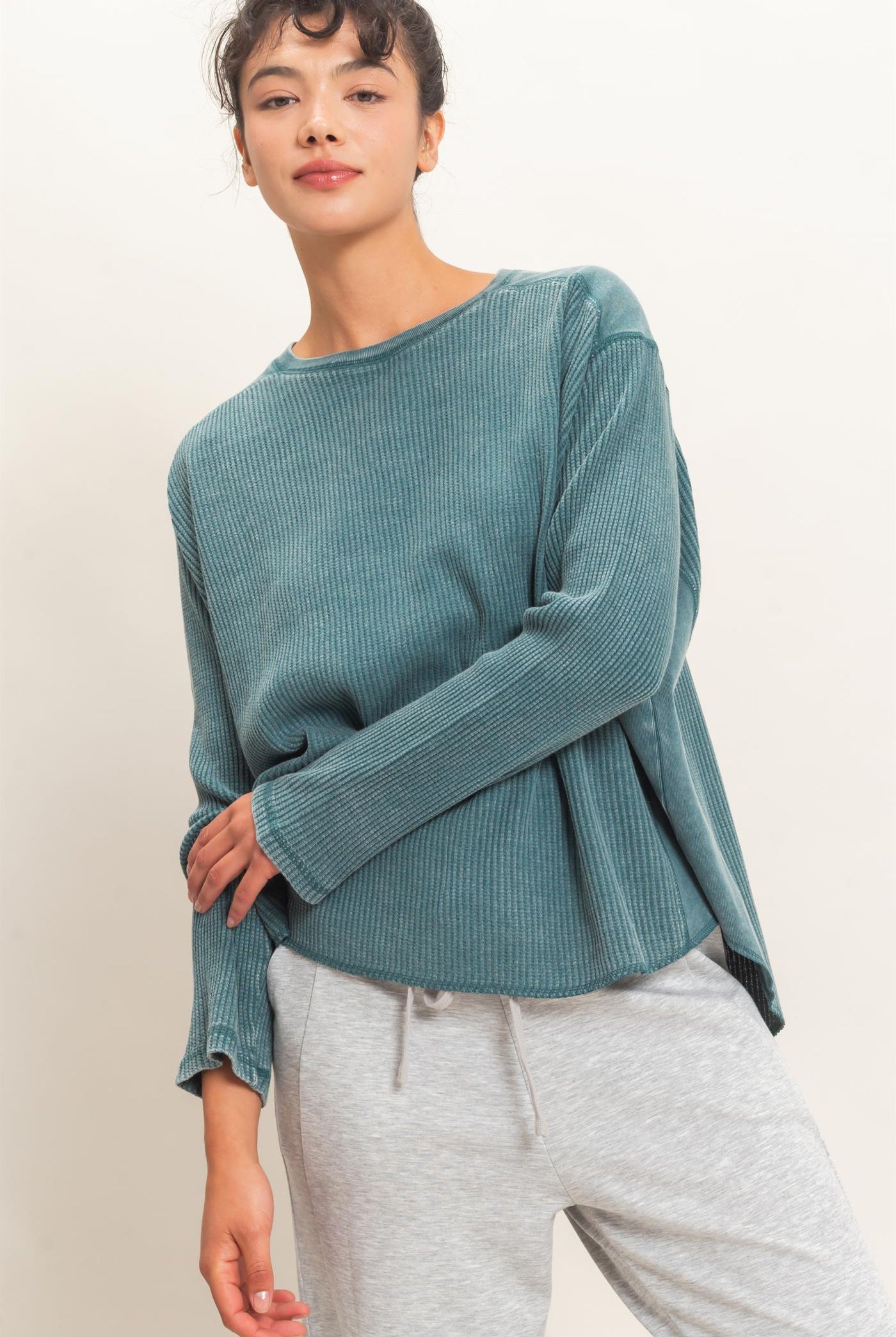 Wholesale Oversized Mineral Washed Waffle Knit Top Clothing Tops DZ26E654 DARK TEAL DOUBLE ZERO