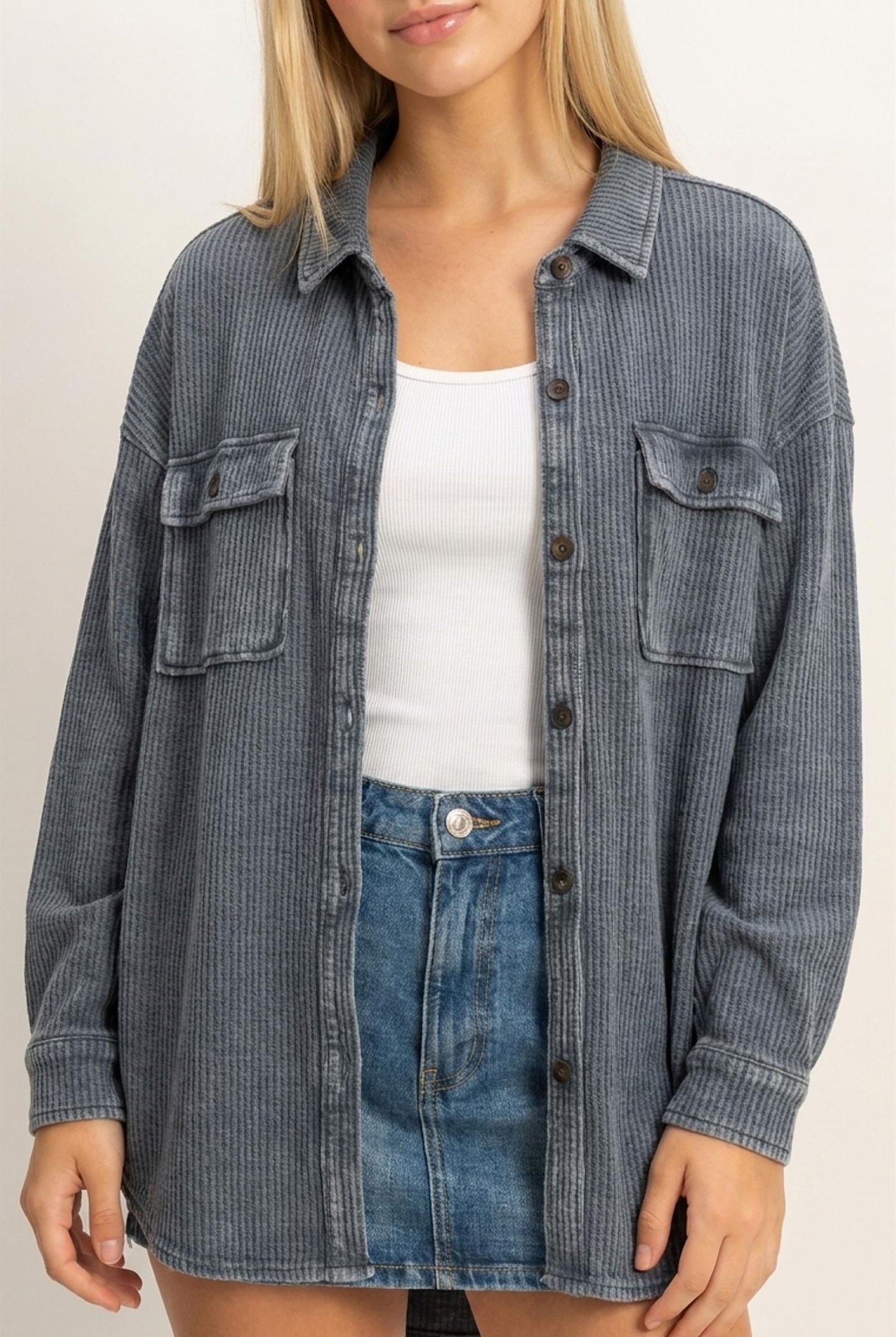 Wholesale Mineral Wash Waffle Knit Button-Up Shacket Coats & Jackets DZ26E249 DARK GRAY DOUBLE ZERO