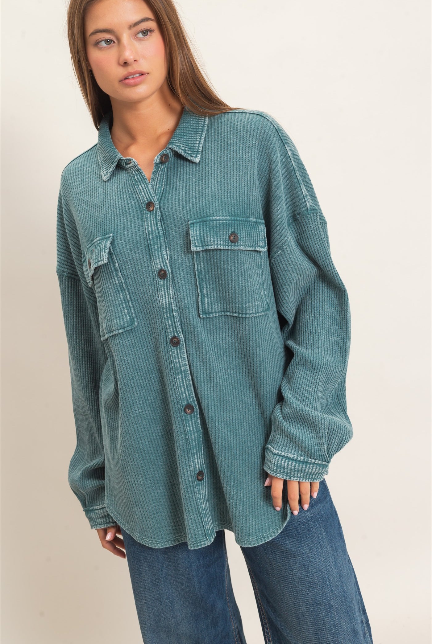 Wholesale Mineral Wash Waffle Knit Button-Up Shacket Coats & Jackets DZ26E249 DARK TEAL DOUBLE ZERO
