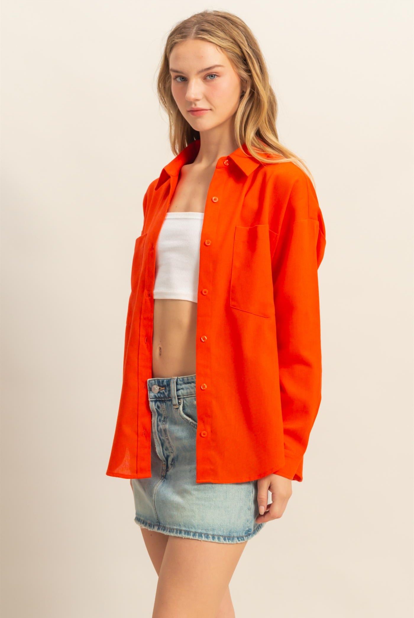 Wholesale Sand Washed Relaxed Long Sleeve Shirt Clothing Tops DZ24C609 TOMATO DOUBLE ZERO