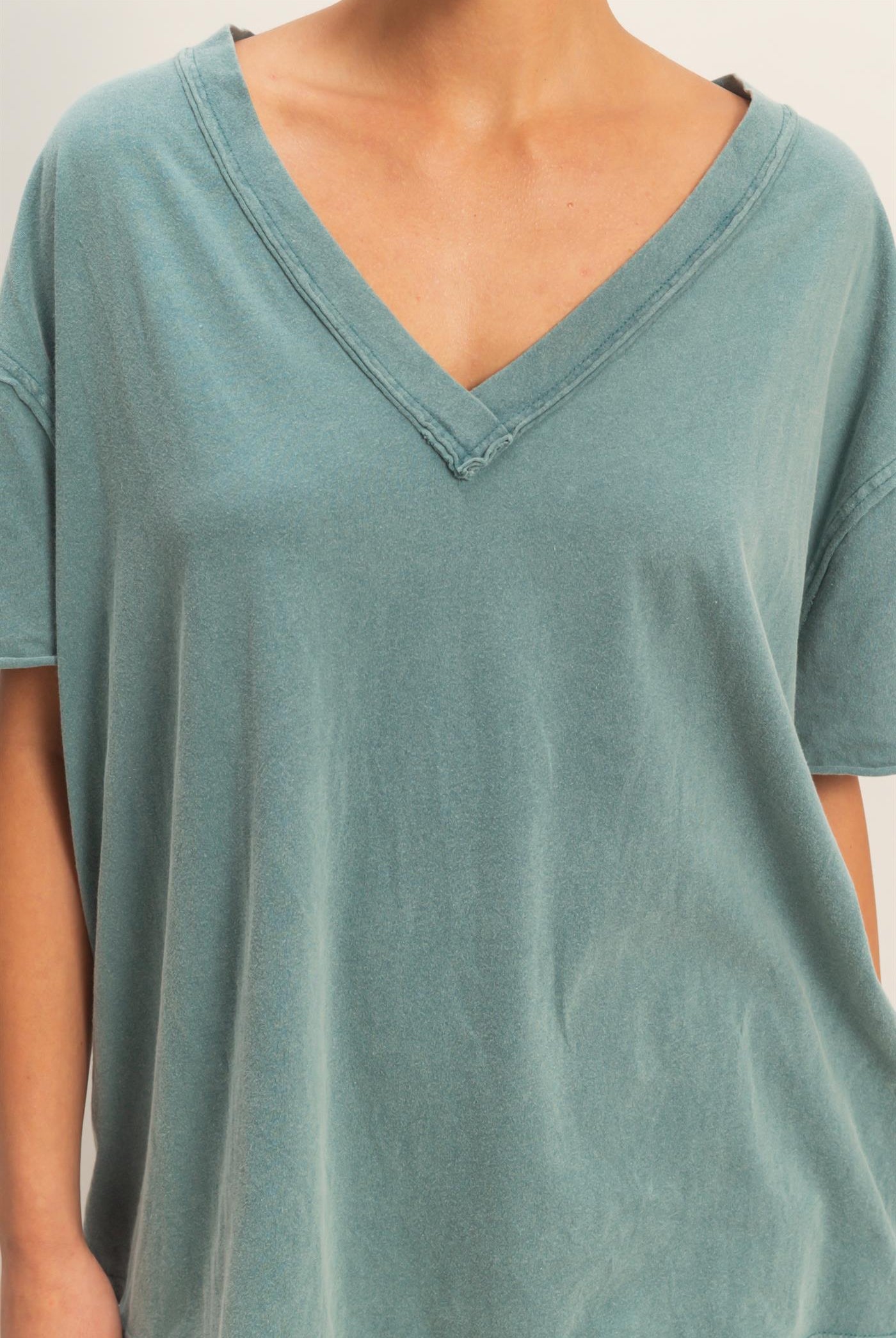 Wholesale Washed V-Neck Oversized Tee Clothing Tops DZ26A760 DARK TEAL DOUBLE ZERO