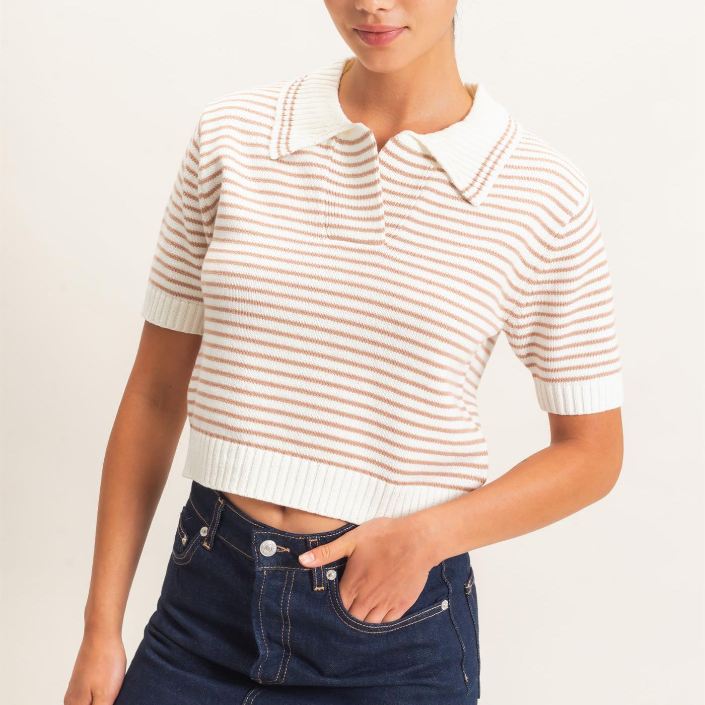 Wholesale Striped Short Sleeve Collar Knit Top Clothing Tops DZ26E261 DARK TAUPE DOUBLE ZERO