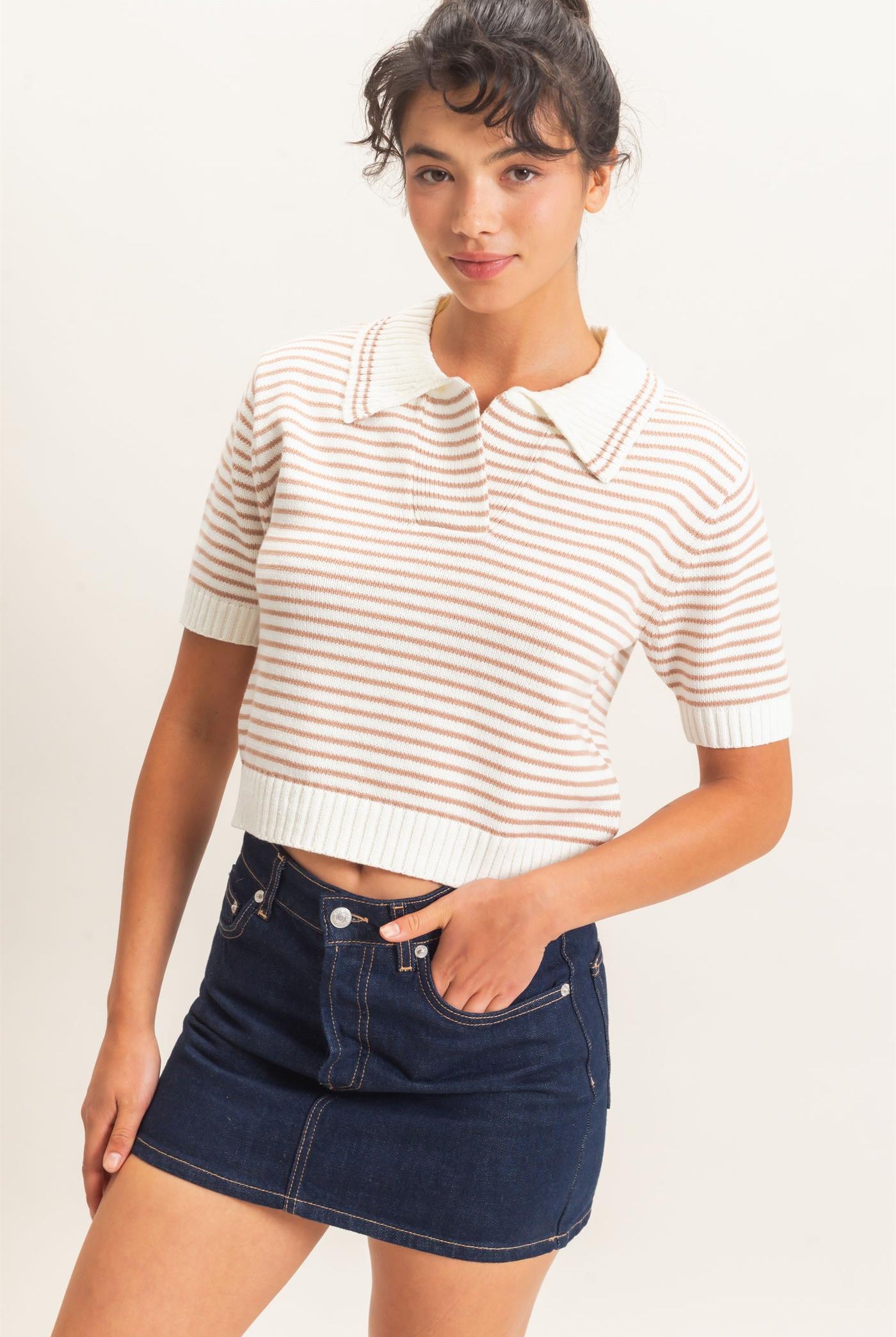 Wholesale Striped Short Sleeve Collar Knit Top Clothing Tops DZ26E261 DARK TAUPE DOUBLE ZERO