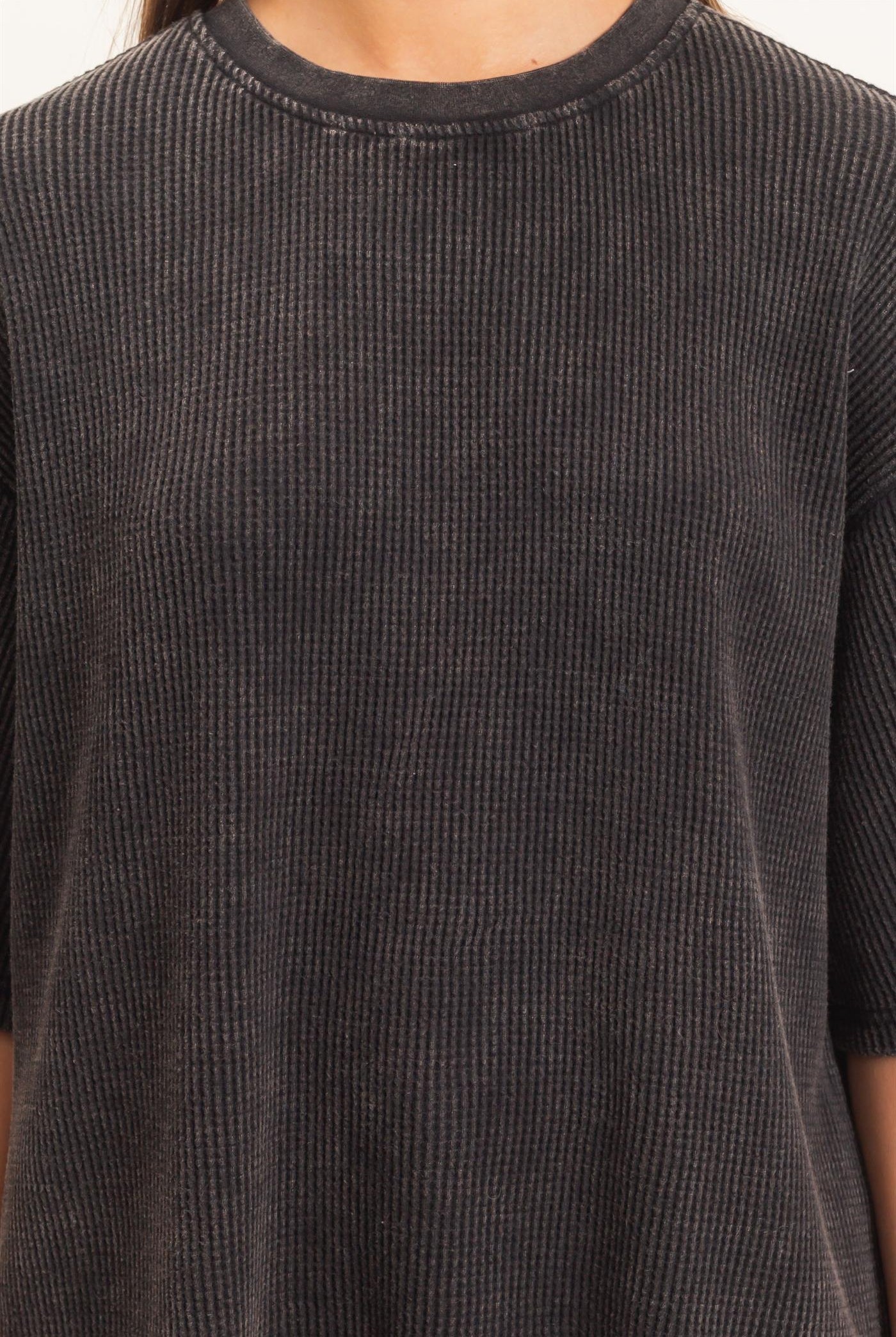 Wholesale Mineral Wash Waffle Crew Neck Short Sleeve Top Clothing Tops DZ26E328 BLACK DOUBLE ZERO