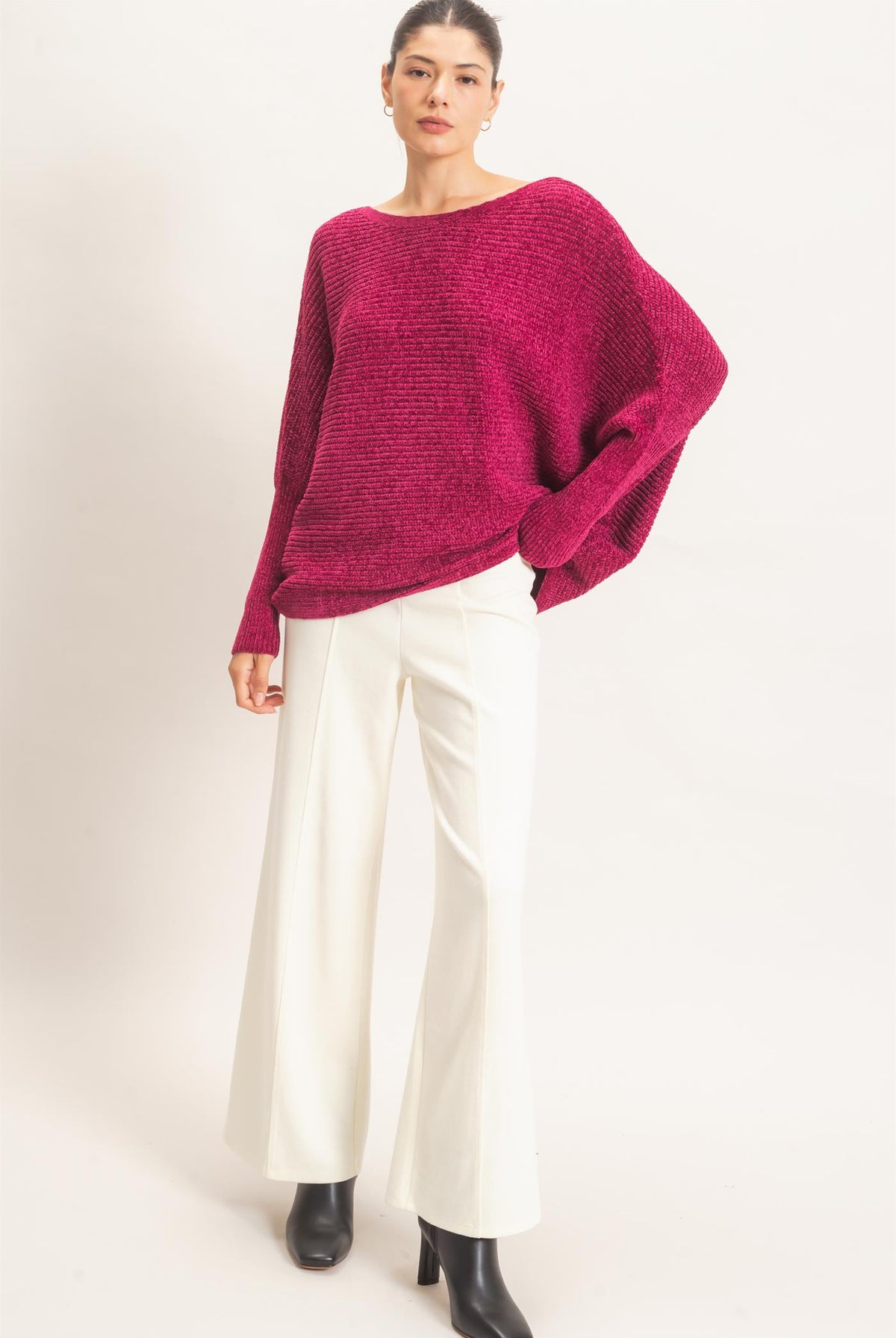 Wholesale Chenille Boat Neck Dolman Sleeve Sweater Sweaters HF26F185 BURGUNDY HYFVE