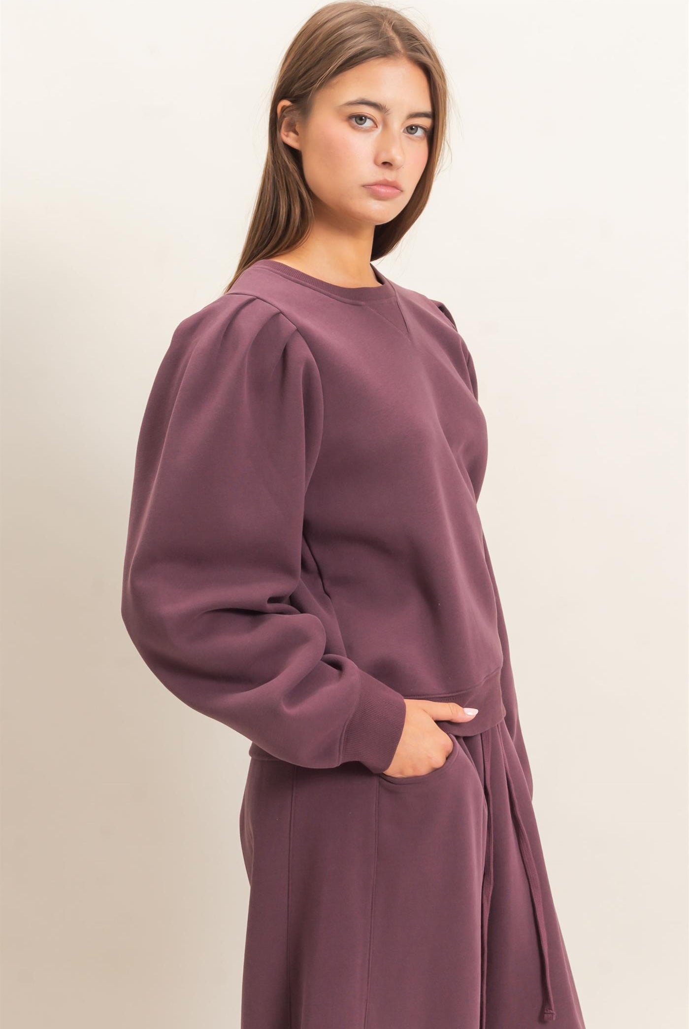Wholesale Puff Sleeve Crew Neck Sweatshirt Sweatshirts DZ26E110 COCOA DOUBLE ZERO