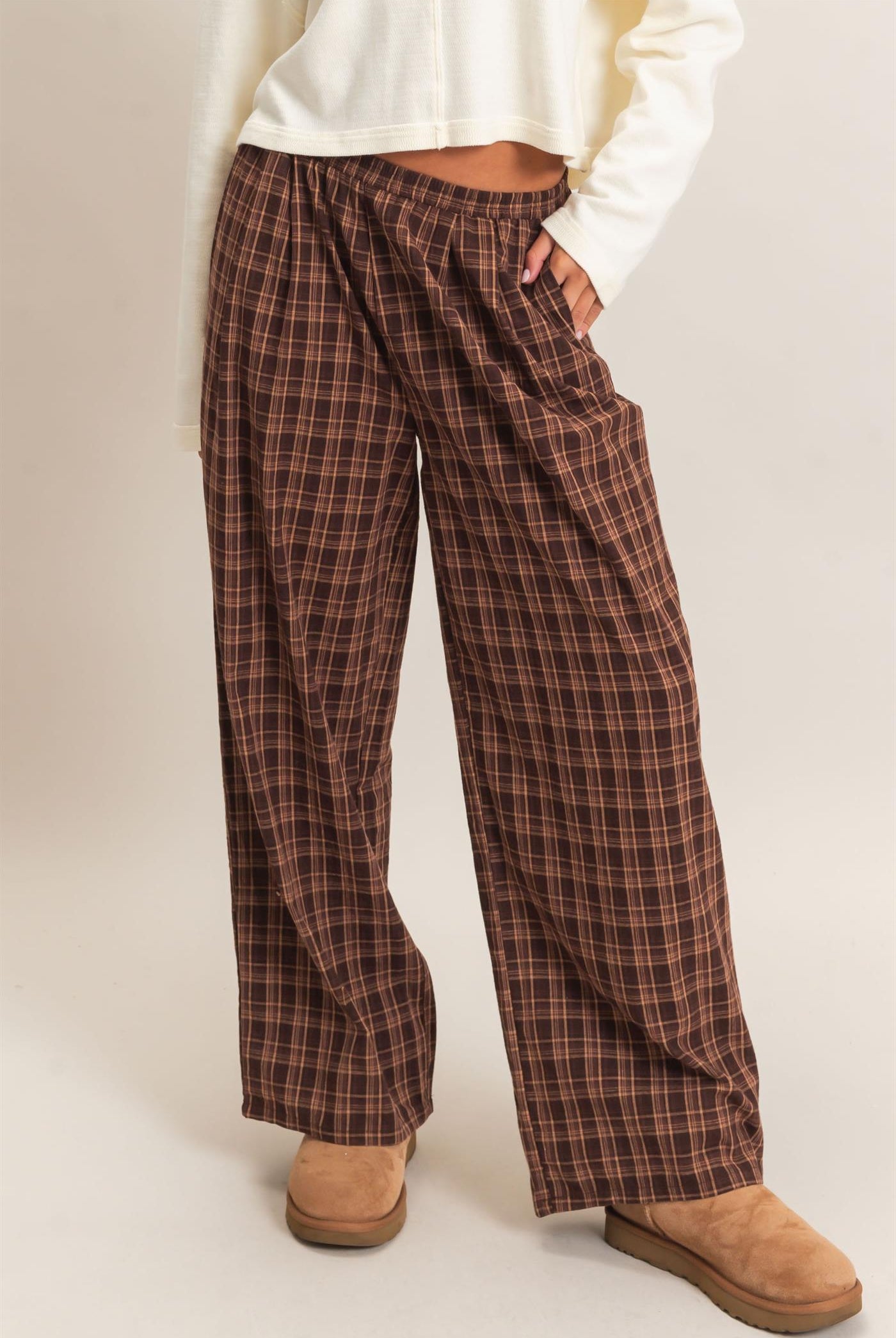 Wholesale Elastic Waist Plaid Pants Pants DZ26E375 BROWN DOUBLE ZERO