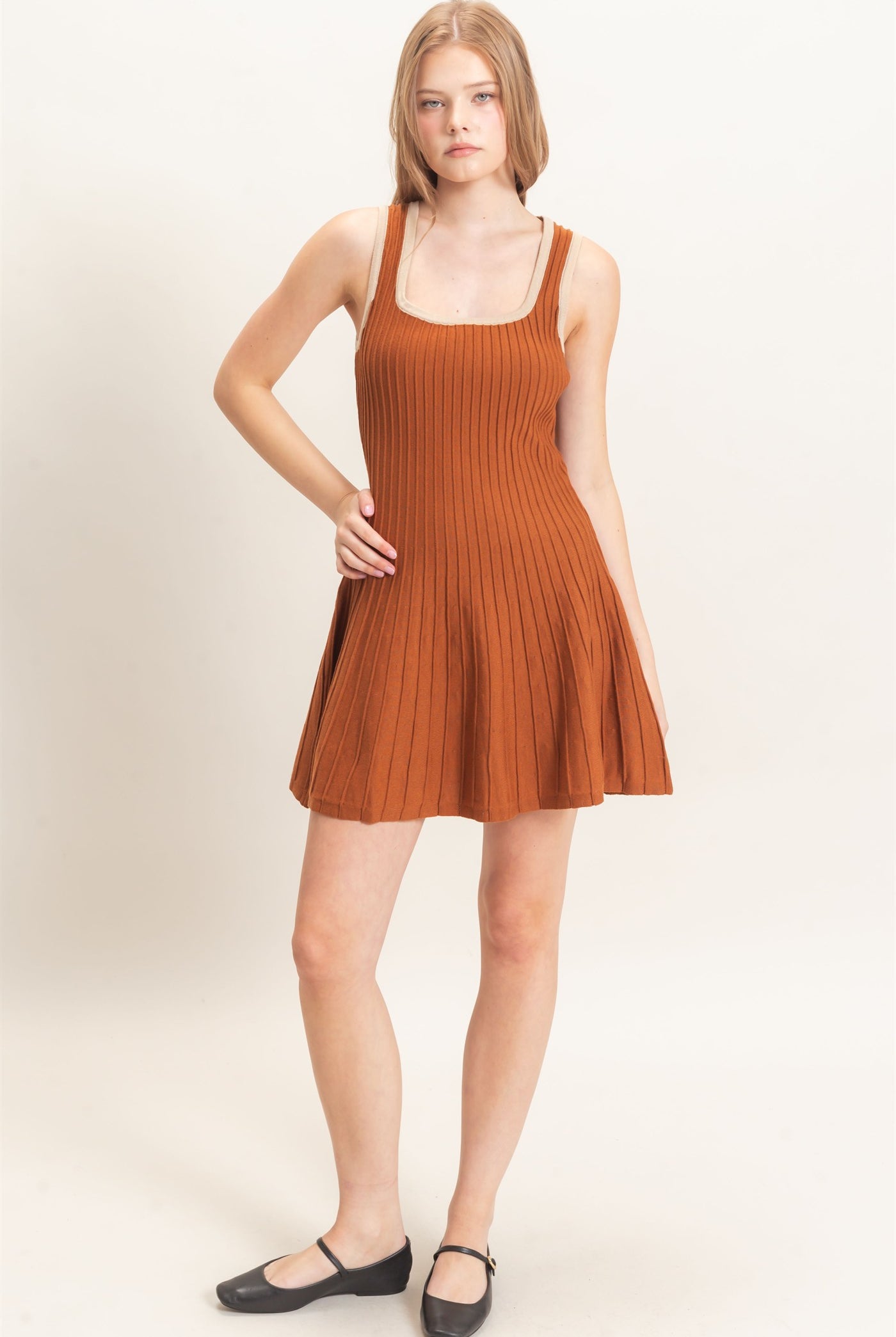 Wholesale Ribbed Square Neck Mini Dress Dresses HF26F213 BROWN HYFVE