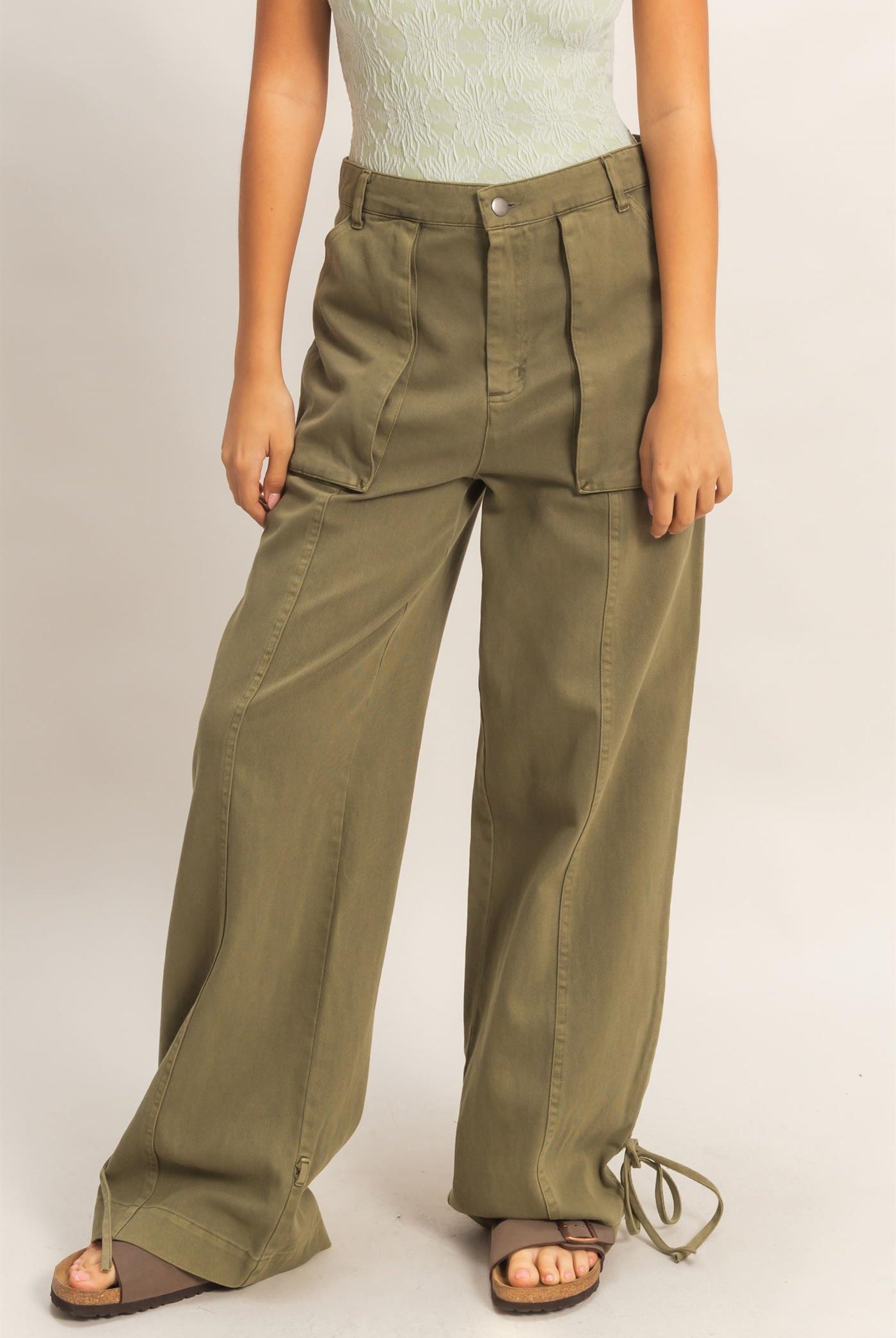 Wholesale High Rise Cargo Pants With Ankle Ties Pants DZ24C156 MOSS DOUBLE ZERO