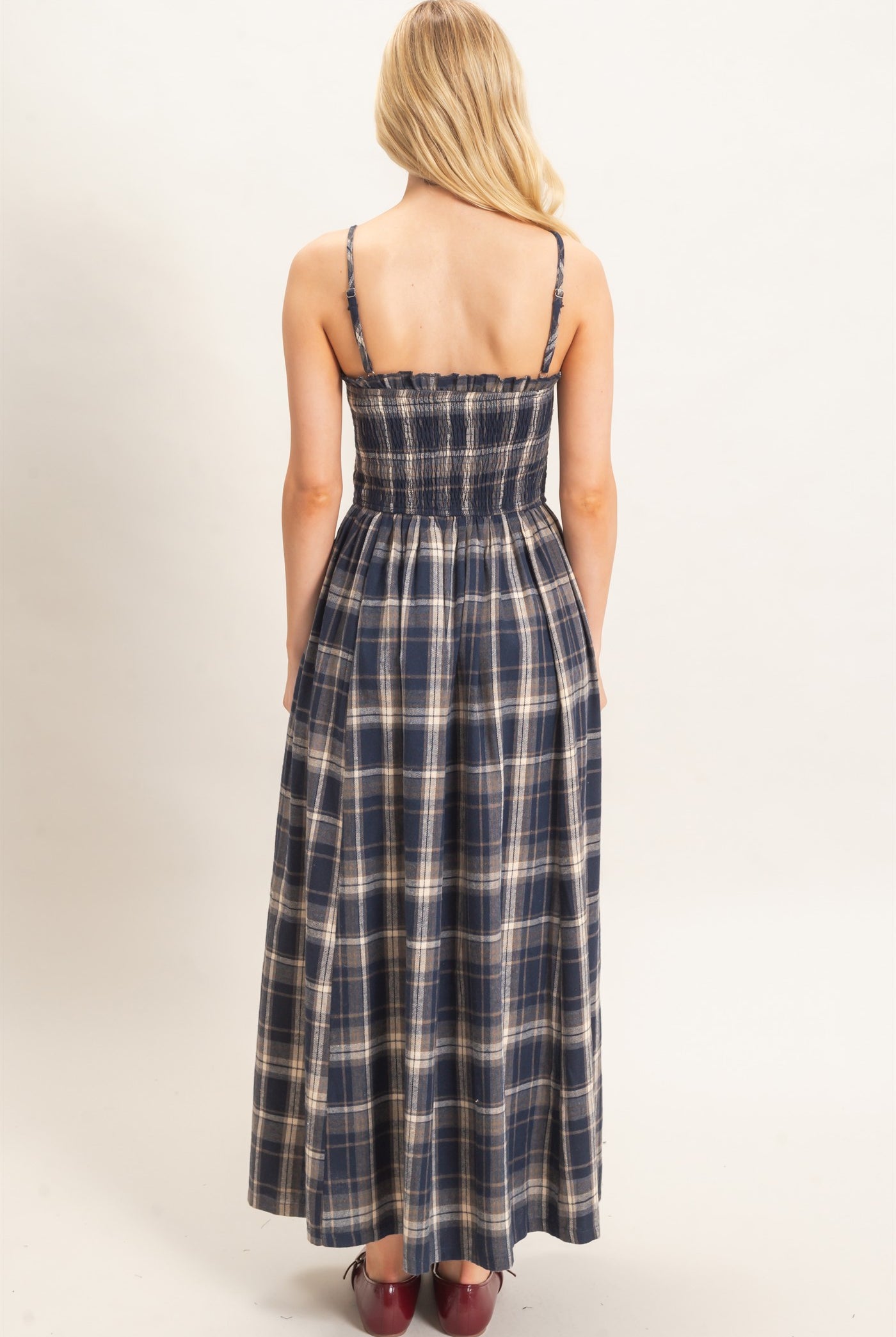 Wholesale Plaid Smocked Maxi Dress Dresses HF26C898 NAVY HYFVE