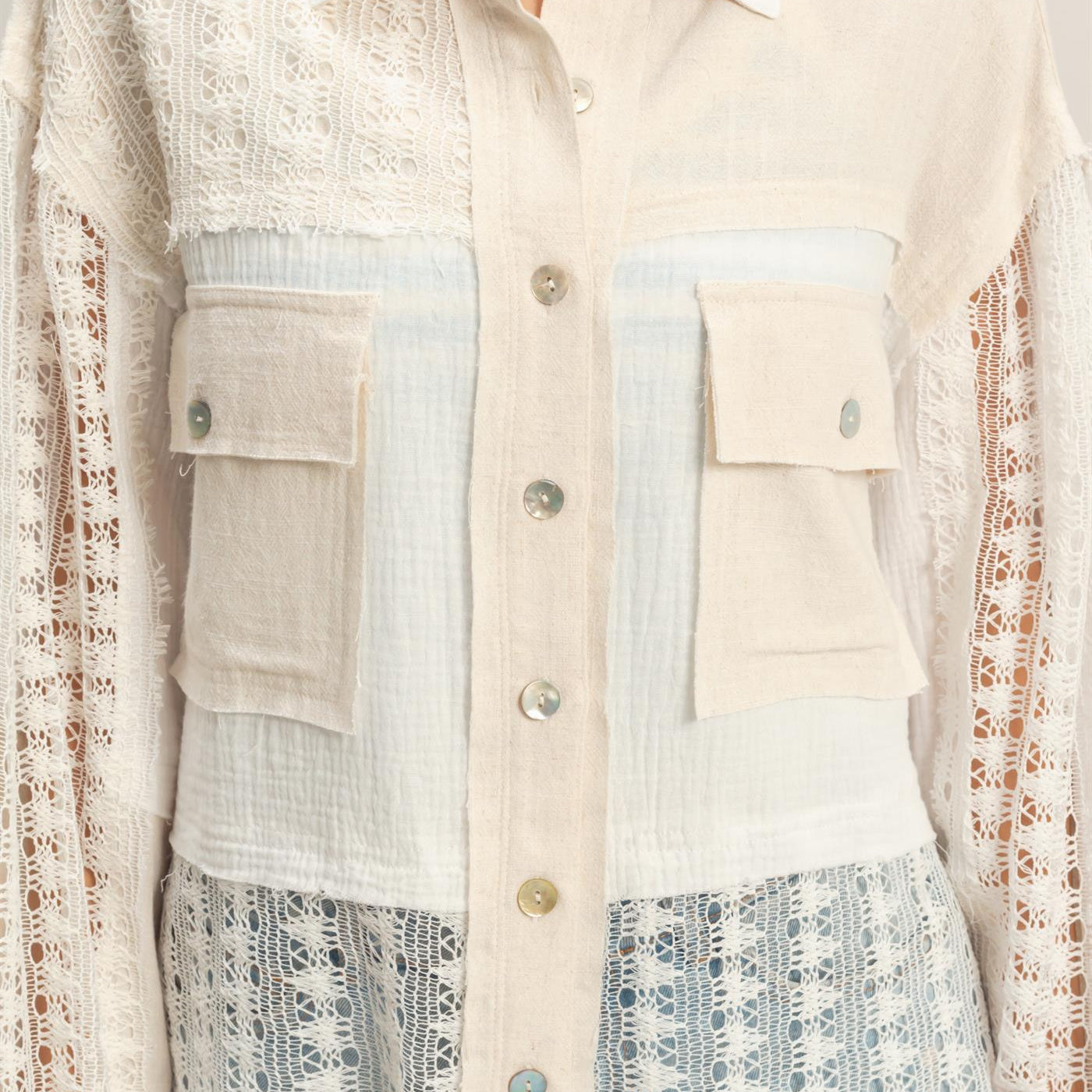 Wholesale Lace Panel Button-Up Shirt Shirts HF26C315 OATMEAL HYFVE