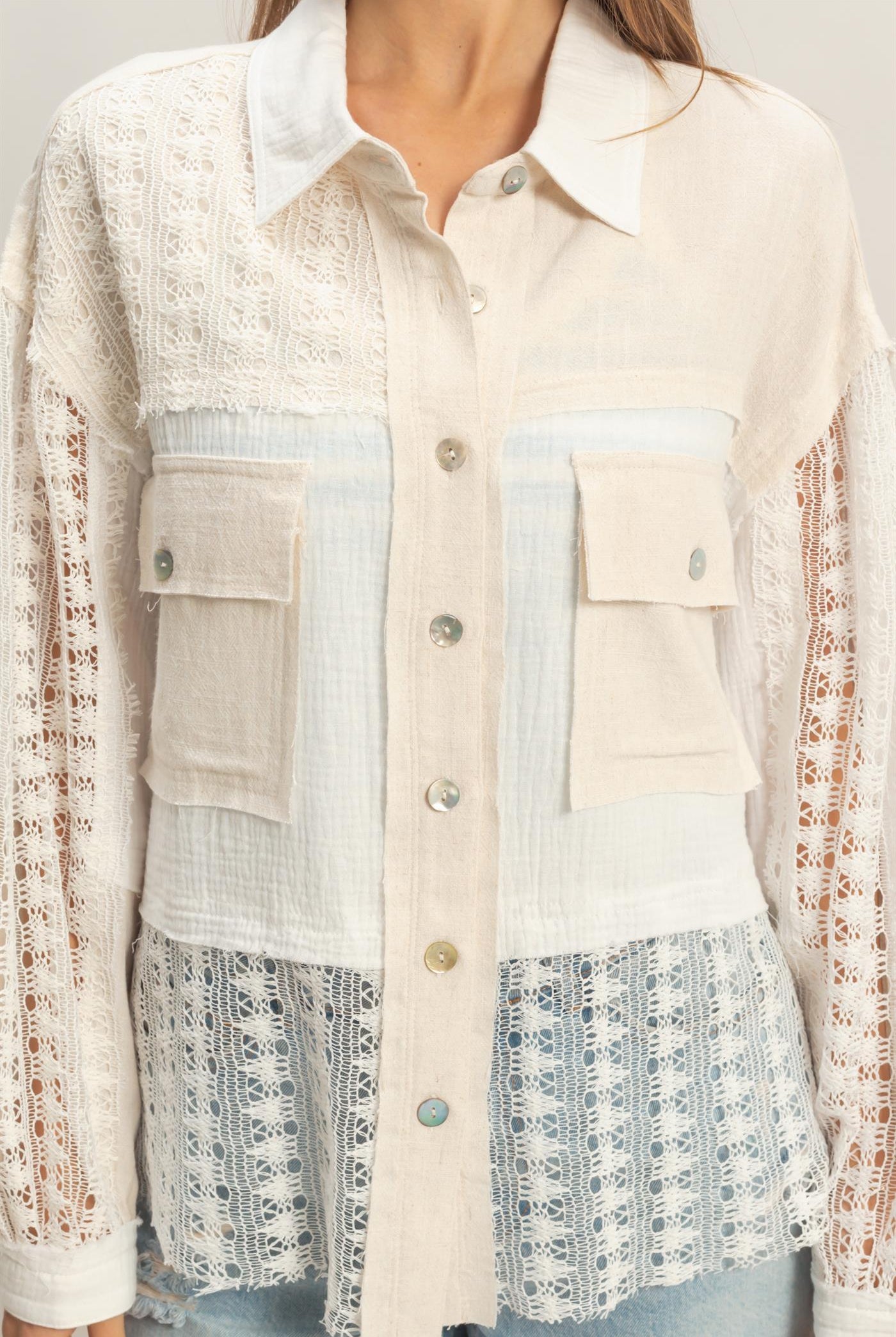 Wholesale Lace Panel Button-Up Shirt Shirts HF26C315 OATMEAL HYFVE