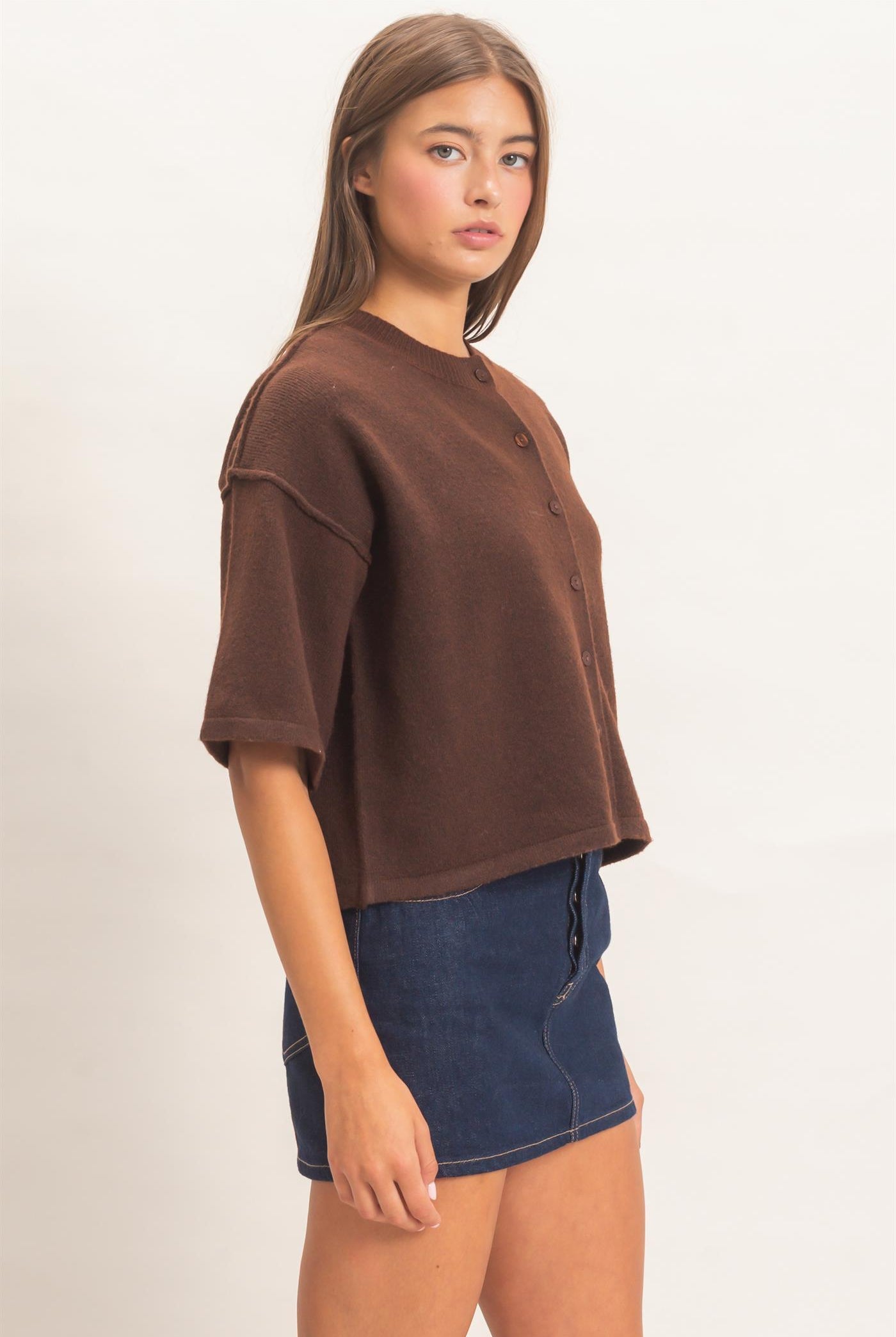 Wholesale Drop Shoulder Short Sleeve Cardigan Cardigans DZ26E238 DARK BROWN DOUBLE ZERO