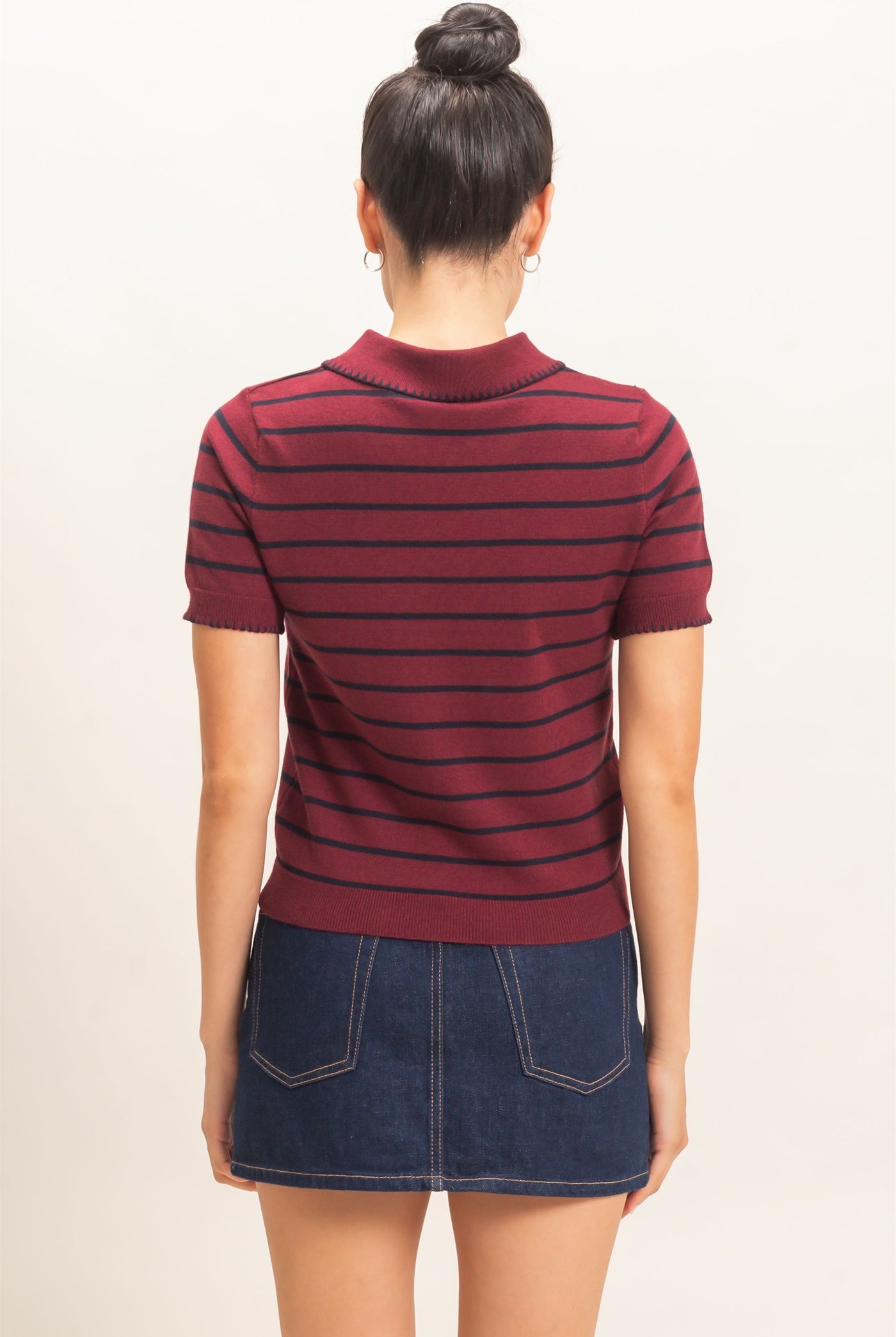 Wholesale Striped Polo Collar Sweater Sweaters HF26E233 BURGUNDY HYFVE