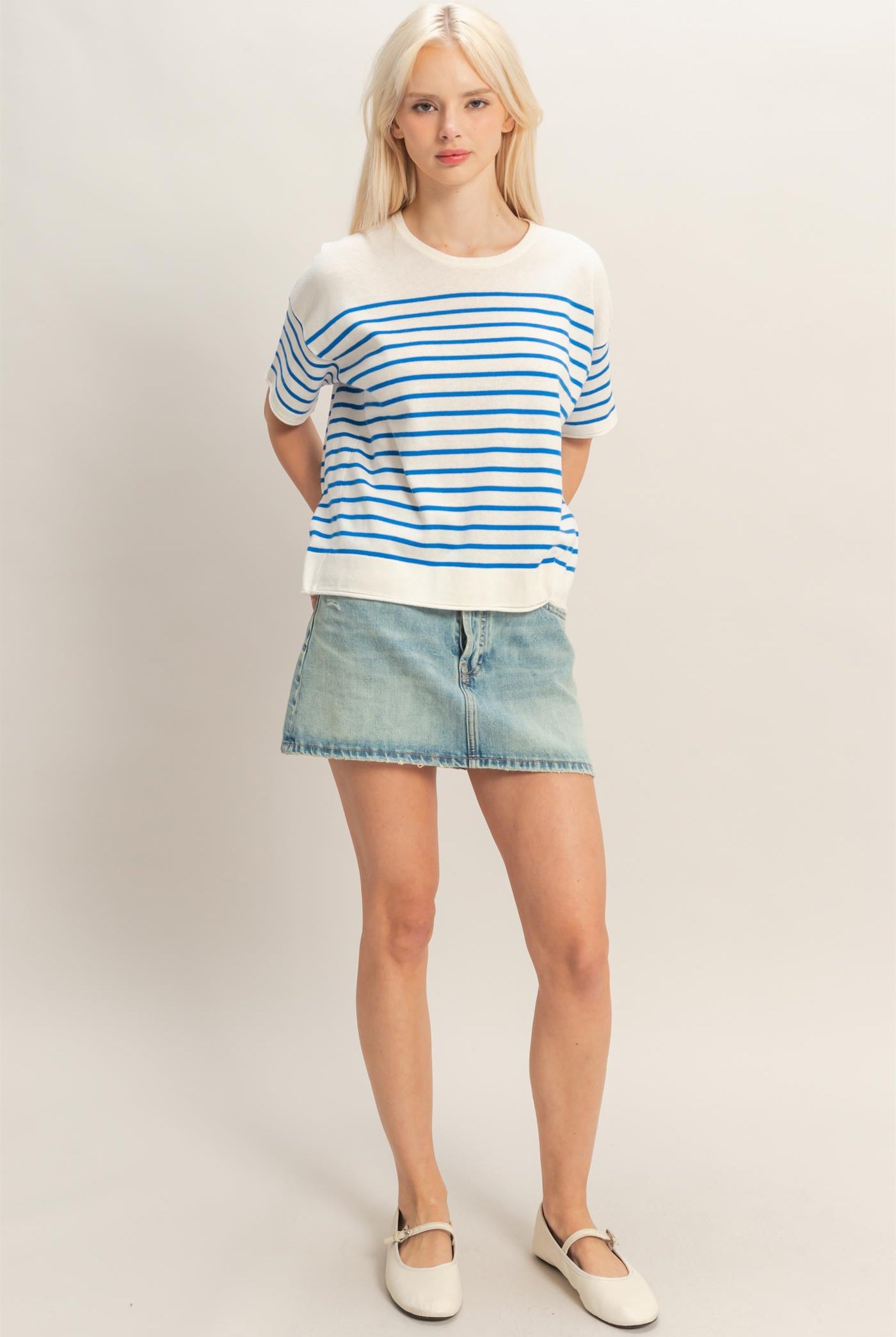 Wholesale Striped Short Sleeve Knit Top Clothing Tops DZ26A838 BLUE DOUBLE ZERO