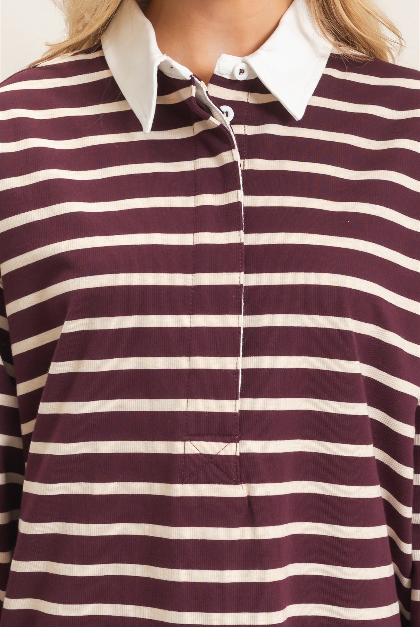 Wholesale Striped Polo Long Sleeve Top Clothing Tops HF26F078 RASPBERRY/ECRU HYFVE