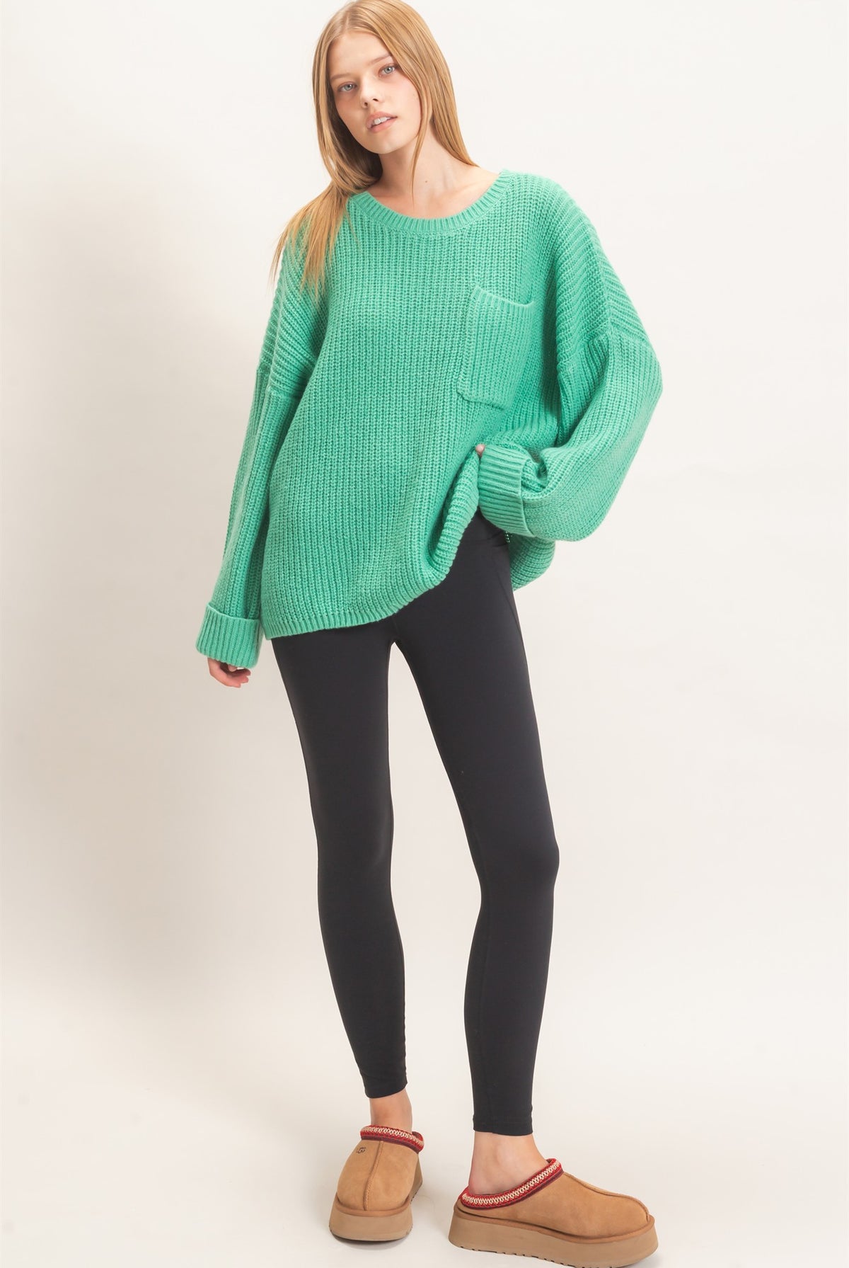 Wholesale Ribbed Knit Patch Pocket Sweater Sweaters HF26F177 GREEN HYFVE