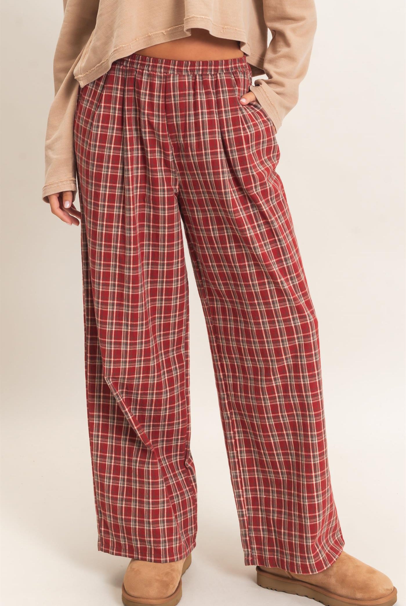 Wholesale Elastic Waist Plaid Pants Pants DZ26E375 DARK RED DOUBLE ZERO