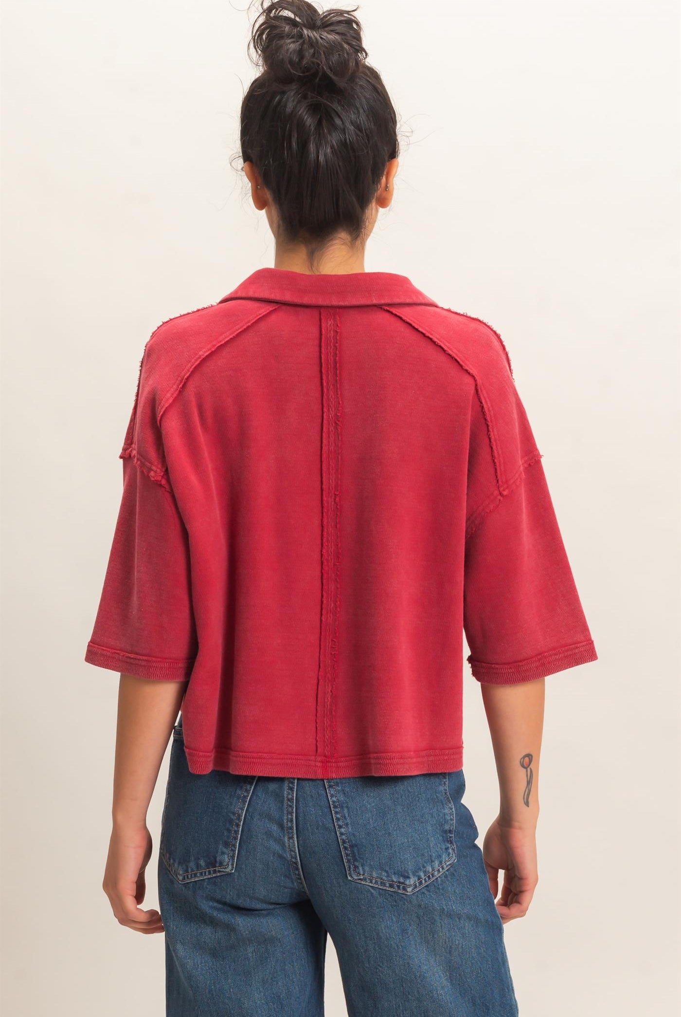 Wholesale Mineral Wash Oversized Collar Short Sleeve Top Clothing Tops DZ26E813 DARK RED DOUBLE ZERO