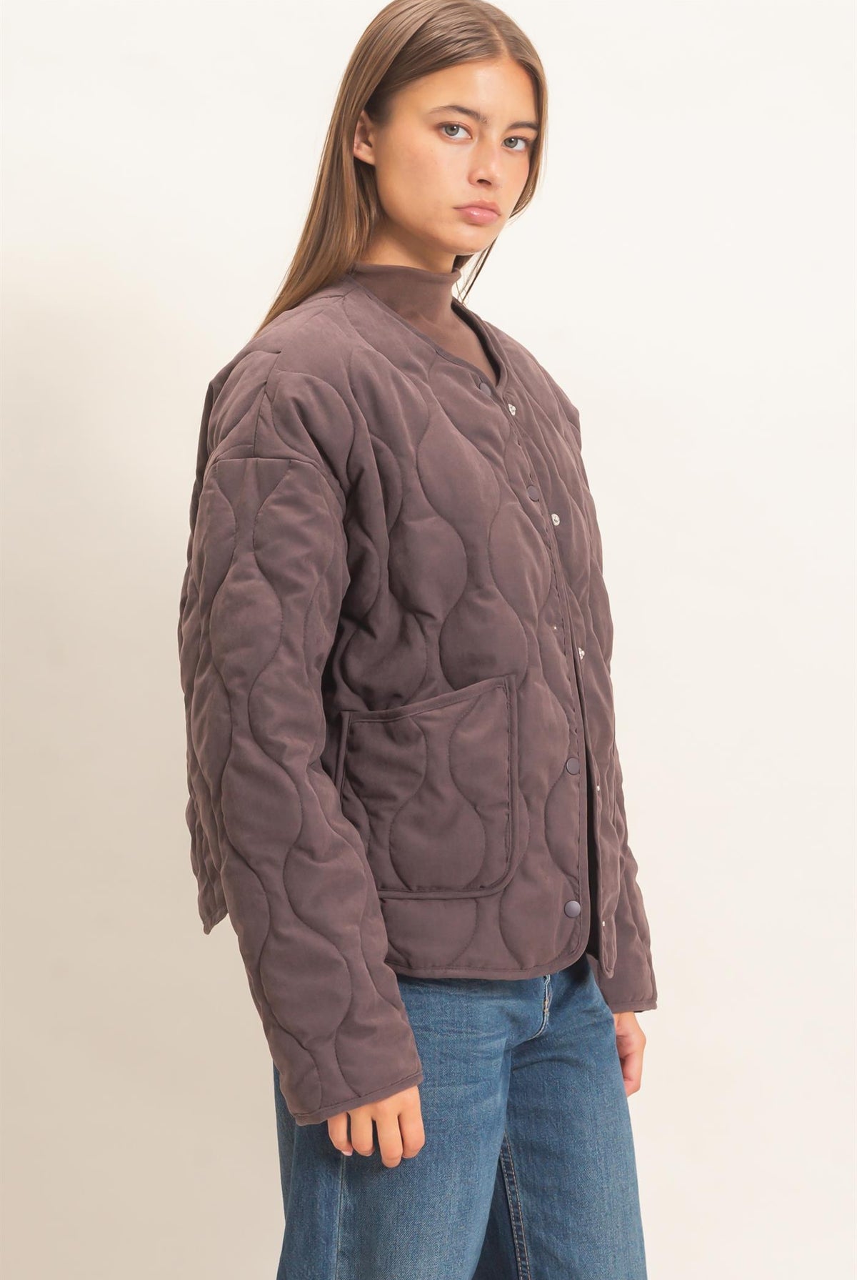 Wholesale Quilted Button Front Jacket Coats & Jackets DZ26F254 DARK BROWN DOUBLE ZERO