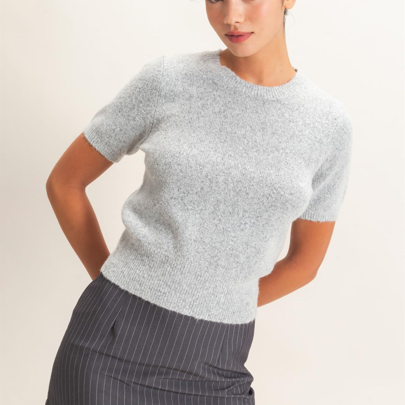 Wholesale Crew Neck Short Sleeve Knit Top Clothing Tops DZ26E944 HEATHER GRAY DOUBLE ZERO