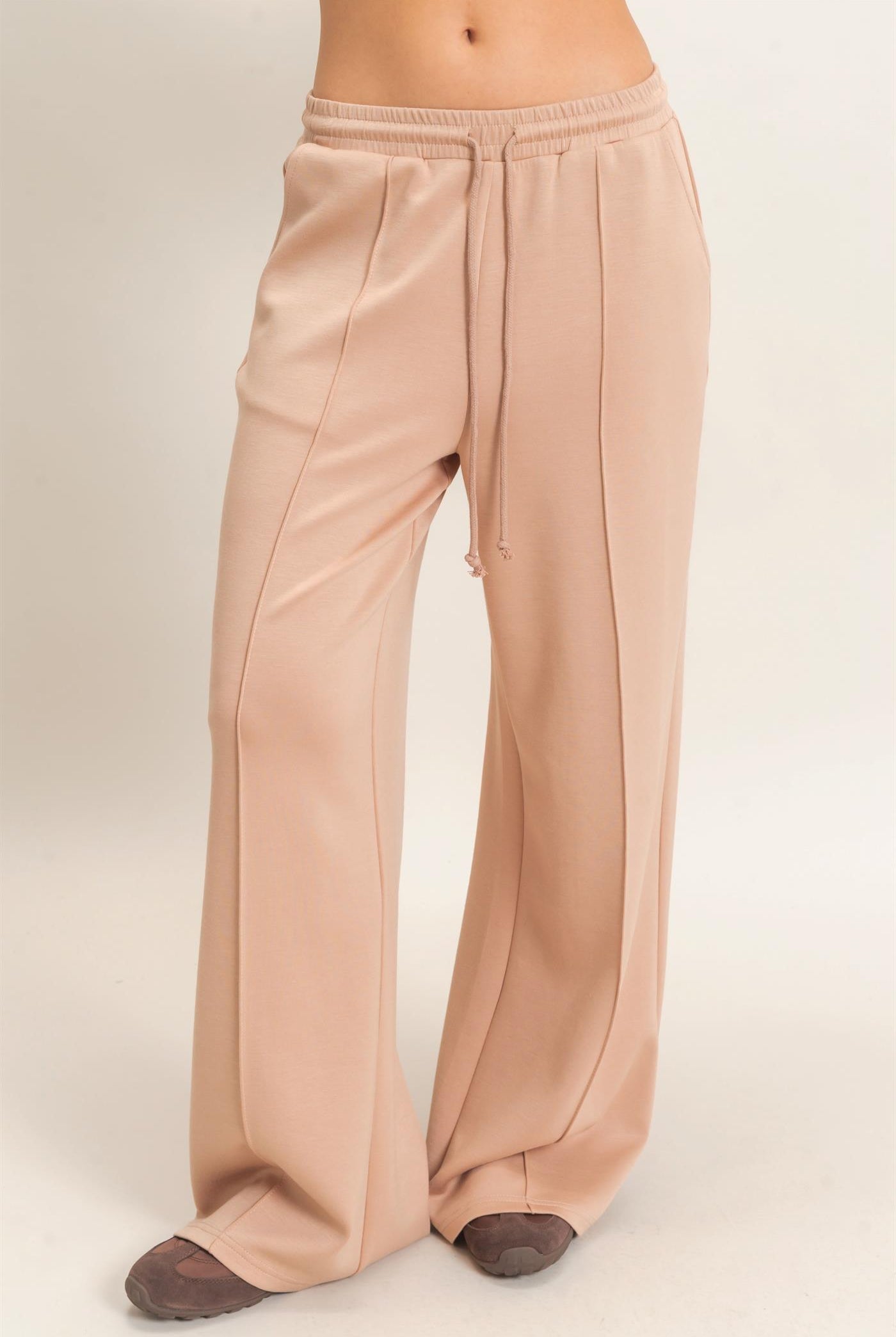 Wholesale Drawstring Waist Pintuck Wide Leg Pants Pants DZ26E384 DARK TAUPE HYFVE