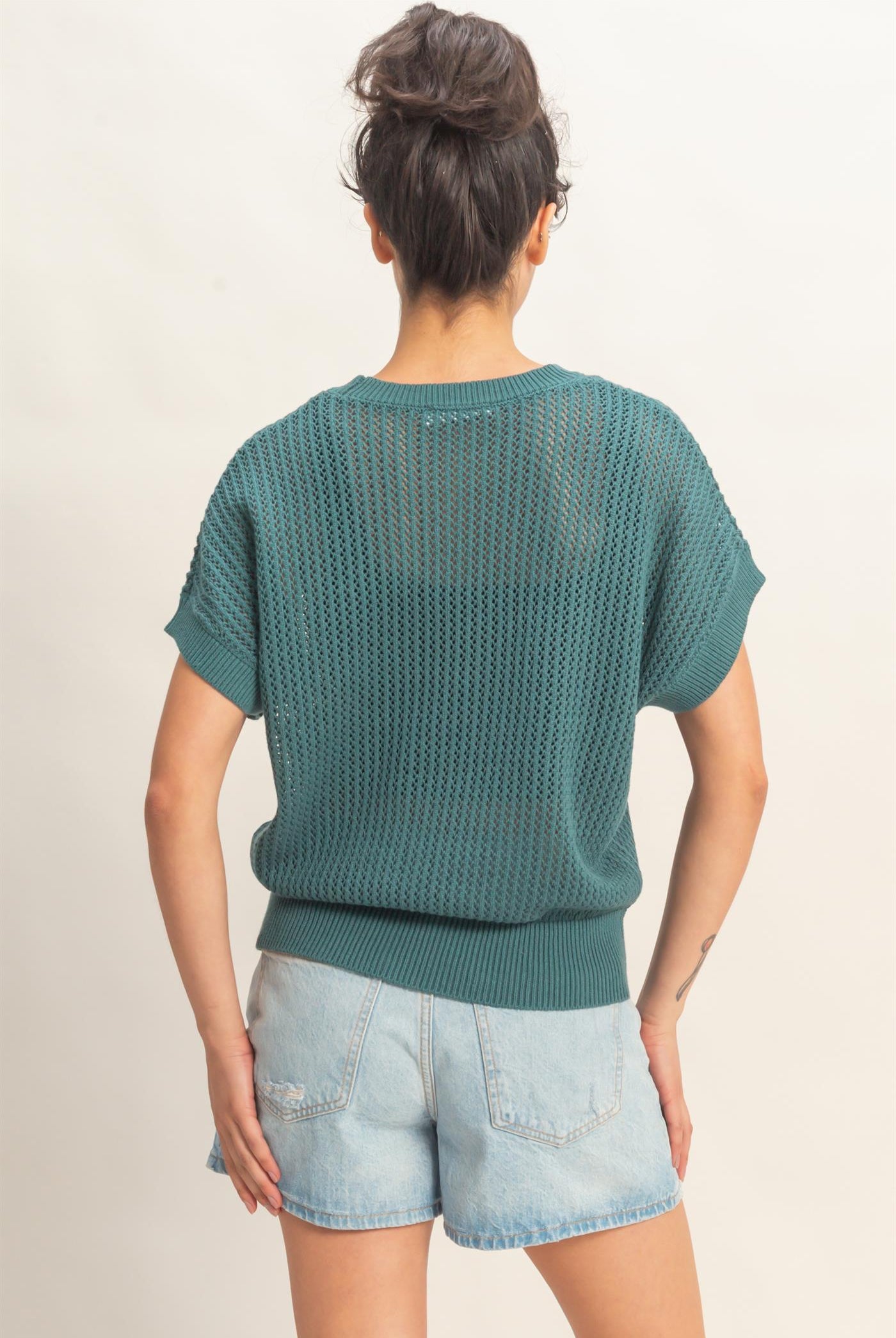 Wholesale Open-Knit Dolman Sleeve Top Clothing Tops DZ26A334 DARK TEAL DOUBLE ZERO