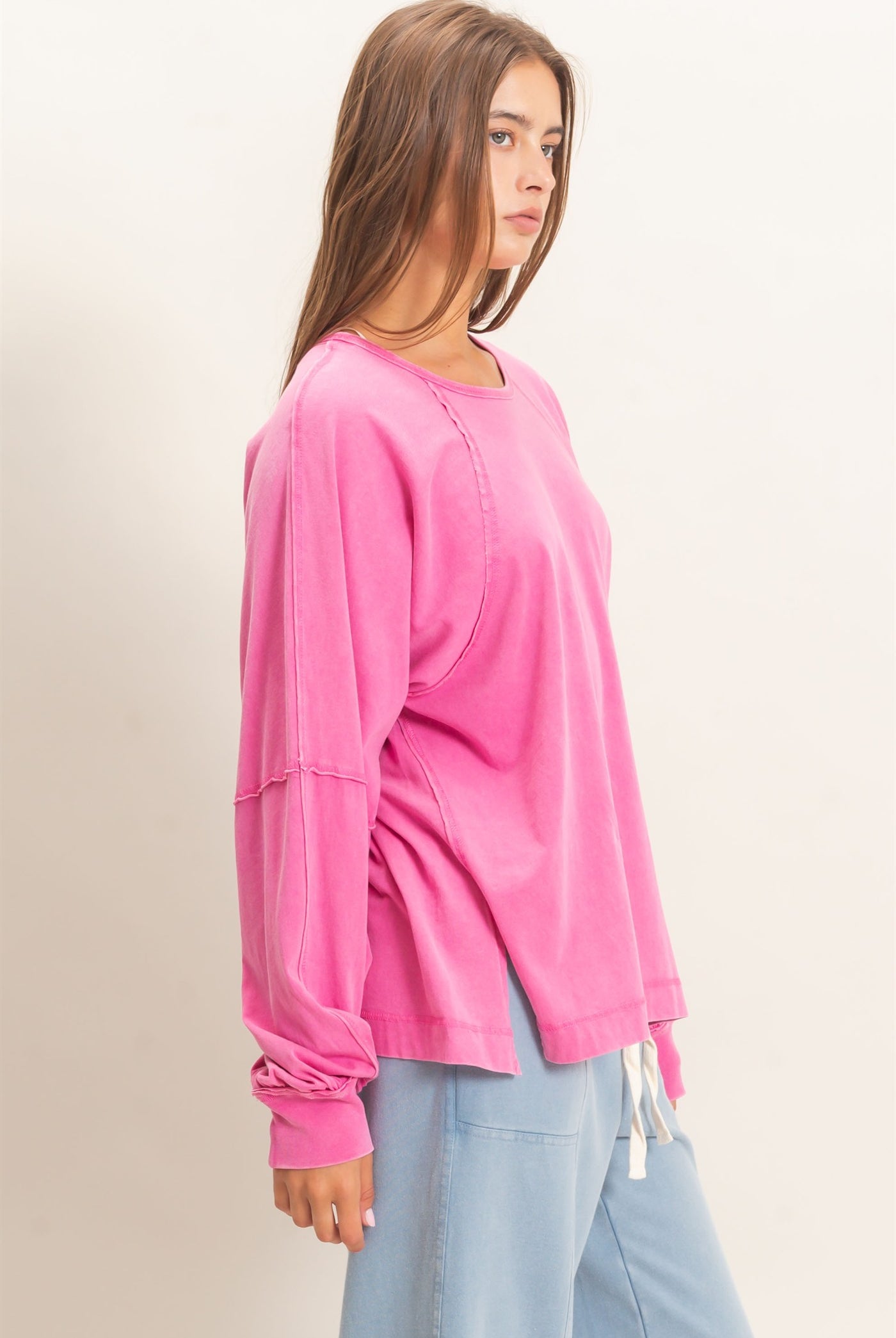 Wholesale Raglan Sleeve Snow Wash Top Shirts DZ26E945 FUCHSIA DOUBLE ZERO
