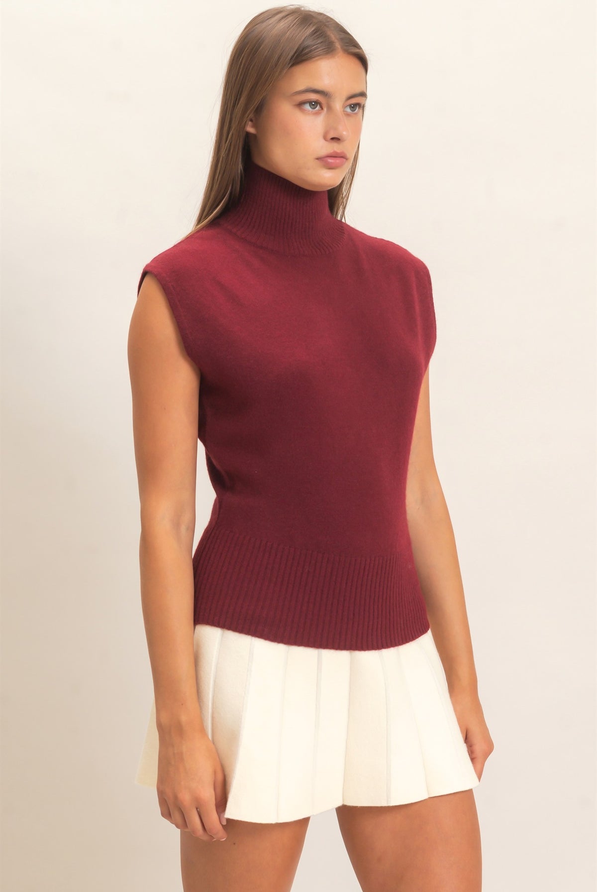 Wholesale Sleeveless High Neck Knit Top Clothing Tops DZ26E946 BURGUNDY DOUBLE ZERO