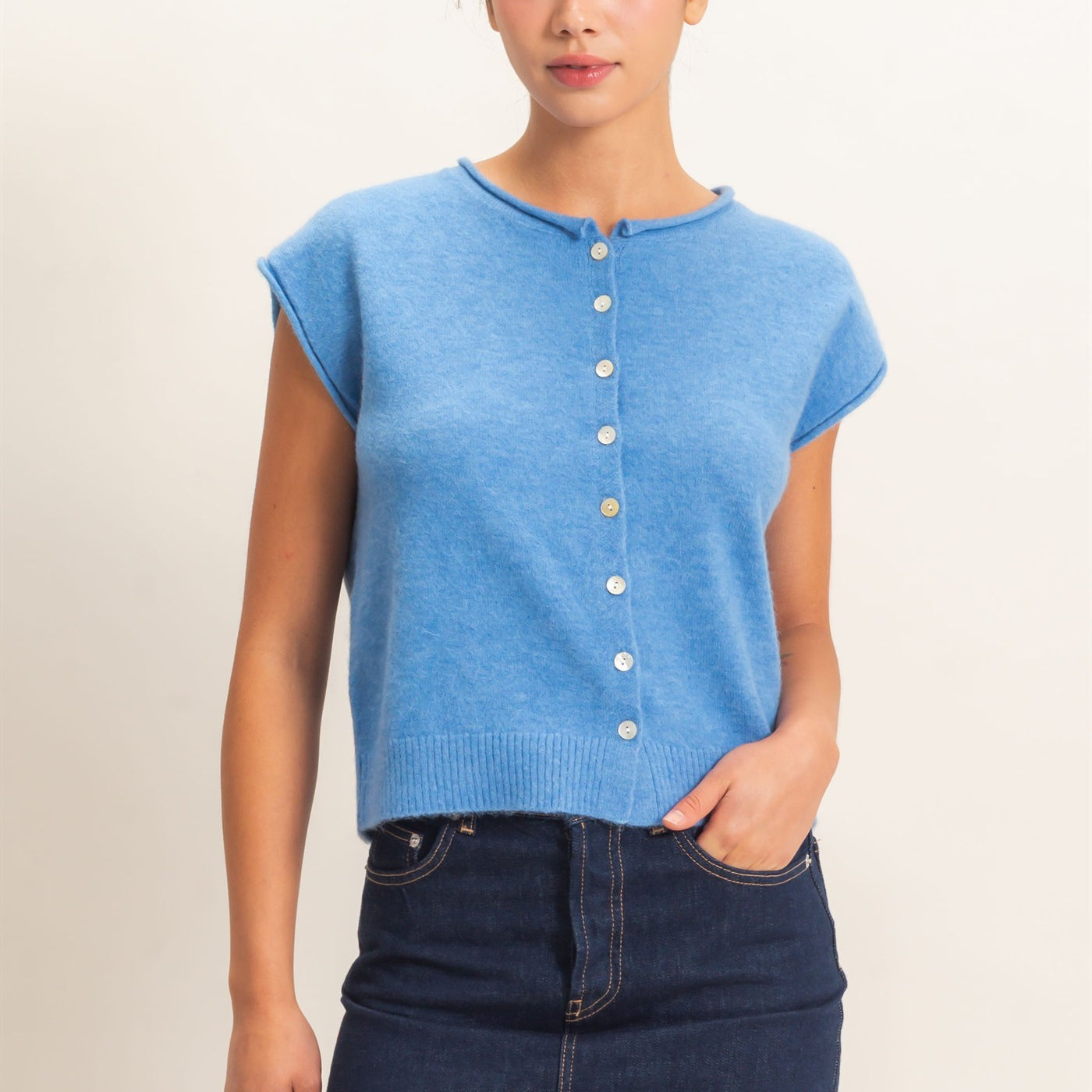 Wholesale Rolled Edge Button Front Sweater Vest Sweaters DZ26E239 BLUE DOUBLE ZERO