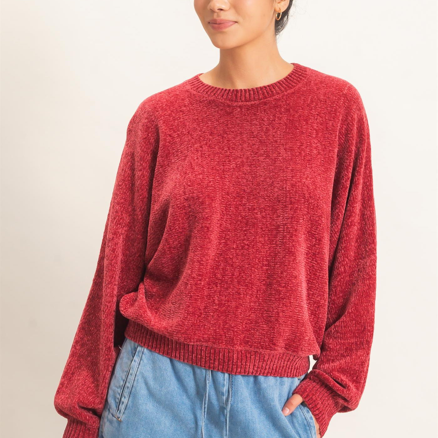 Wholesale Chenille Crew Neck Sweater Sweaters DZ26E264 DARK RED DOUBLE ZERO