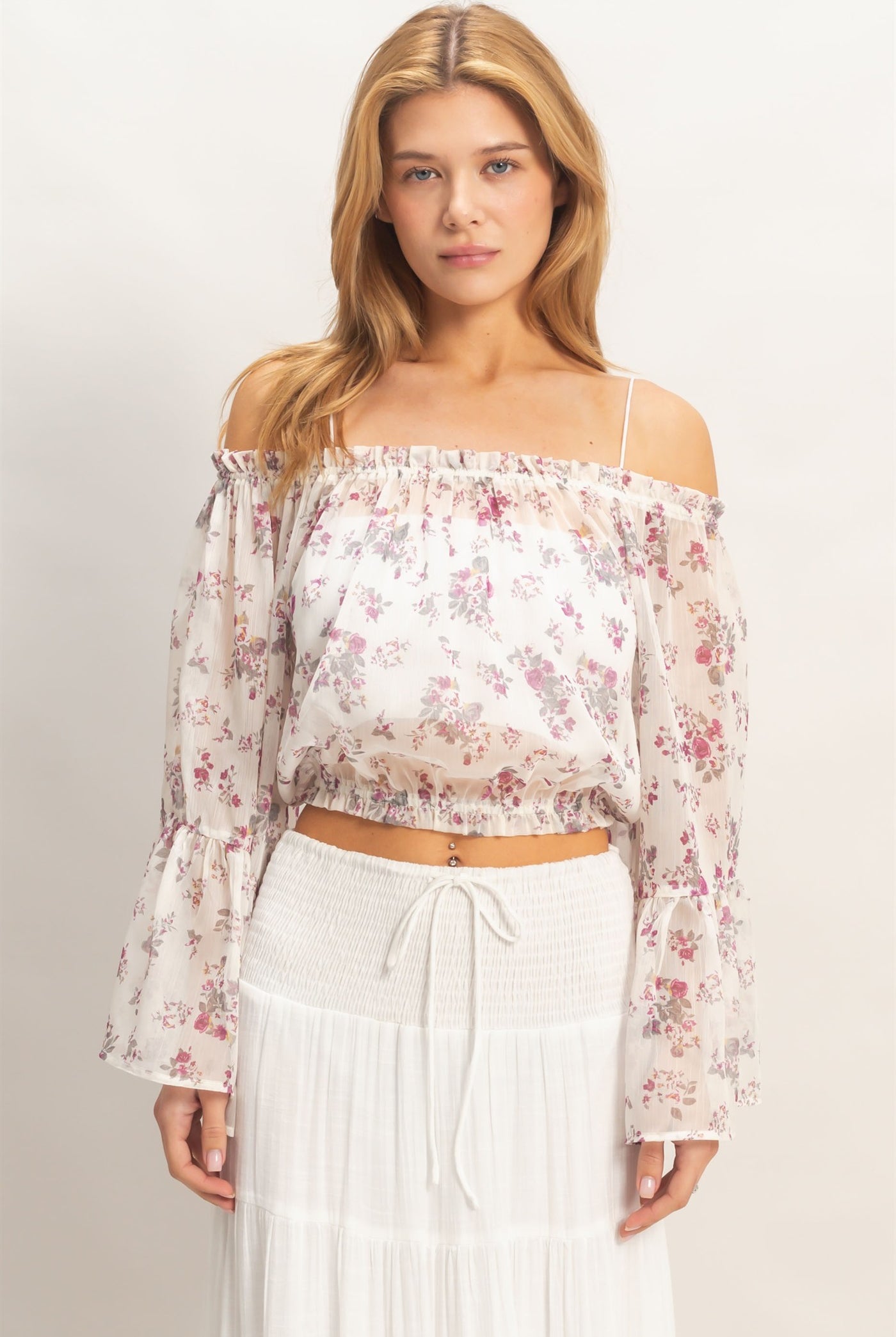 Wholesale Floral Off Shoulder Top Blouses HF26E647 ROSE WINE HYFVE