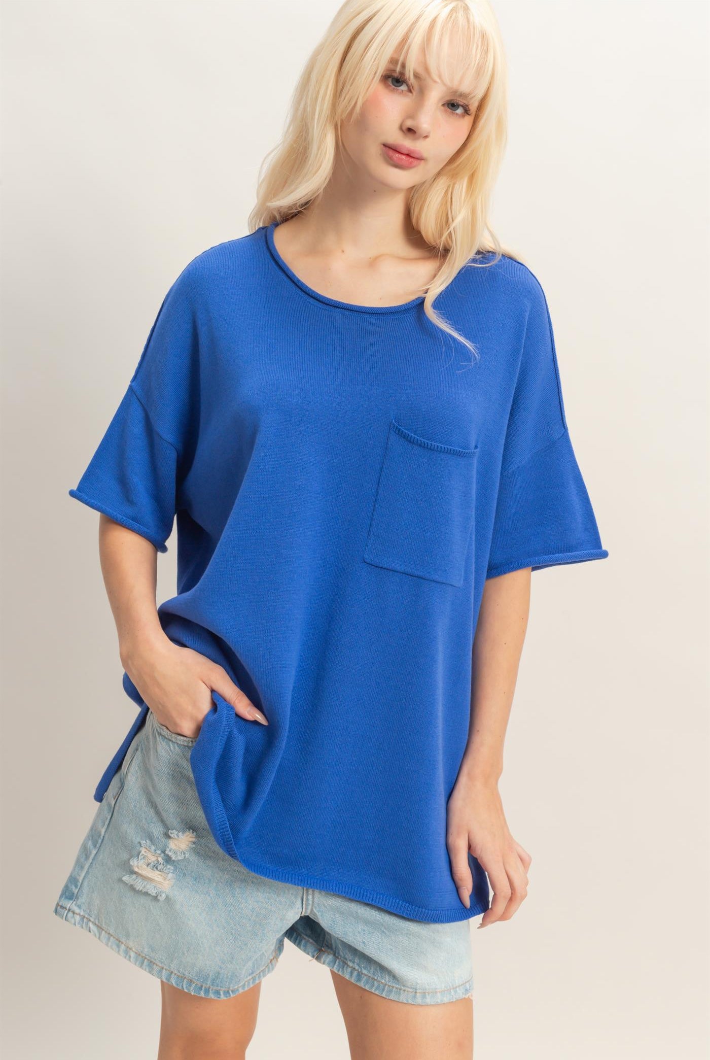 Wholesale Oversized Short Sleeve Round Neck Pocket Knit Top Clothing Tops DZ26A691 COBALT DOUBLE ZERO